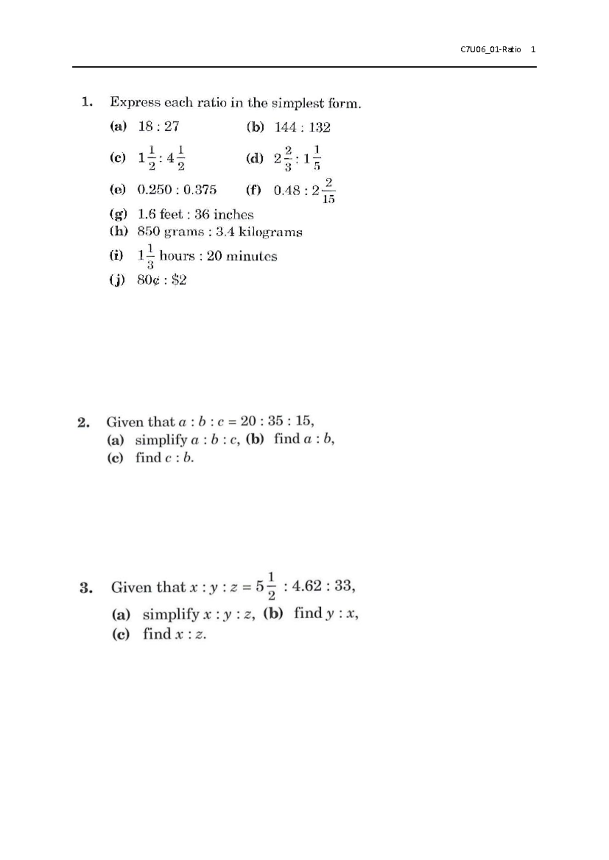 Ratio Exercise 123: Simplifying and Finding Ratios - Studocu