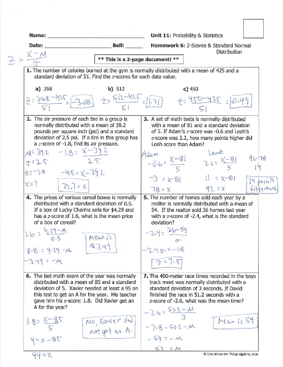 Unit 11: Probability Stats - Homework 6: Standard Normal Distribution Z ...