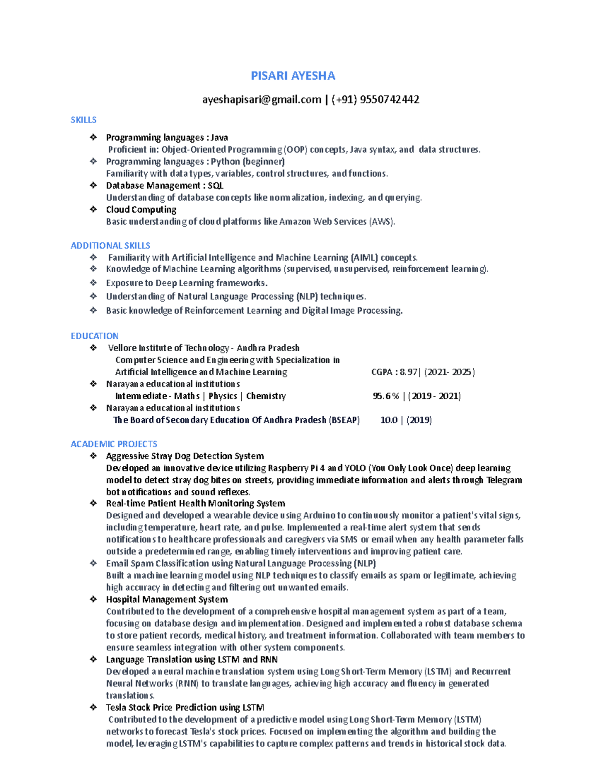 PISARI AYESHA 9550742442 Resume: Skills in Programming & AI - Studocu