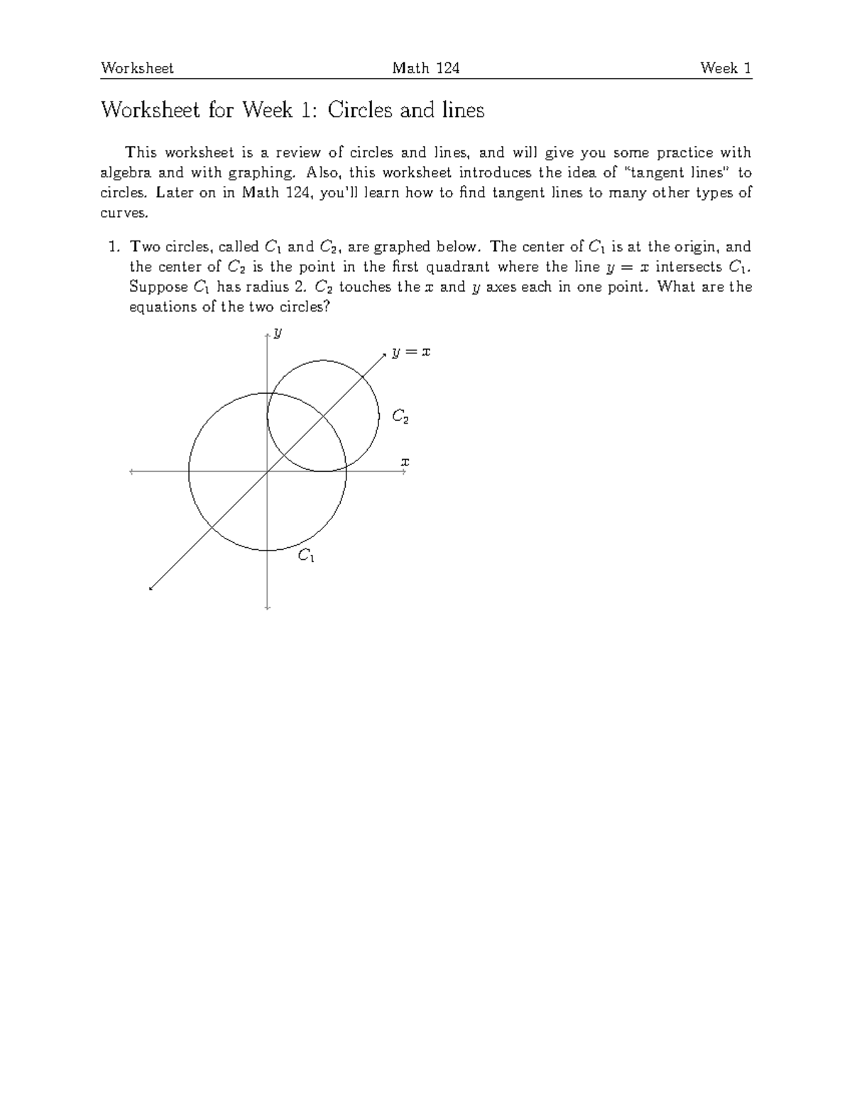 Worksheet Math 124 Week 1: Circles and Lines Review - Studocu