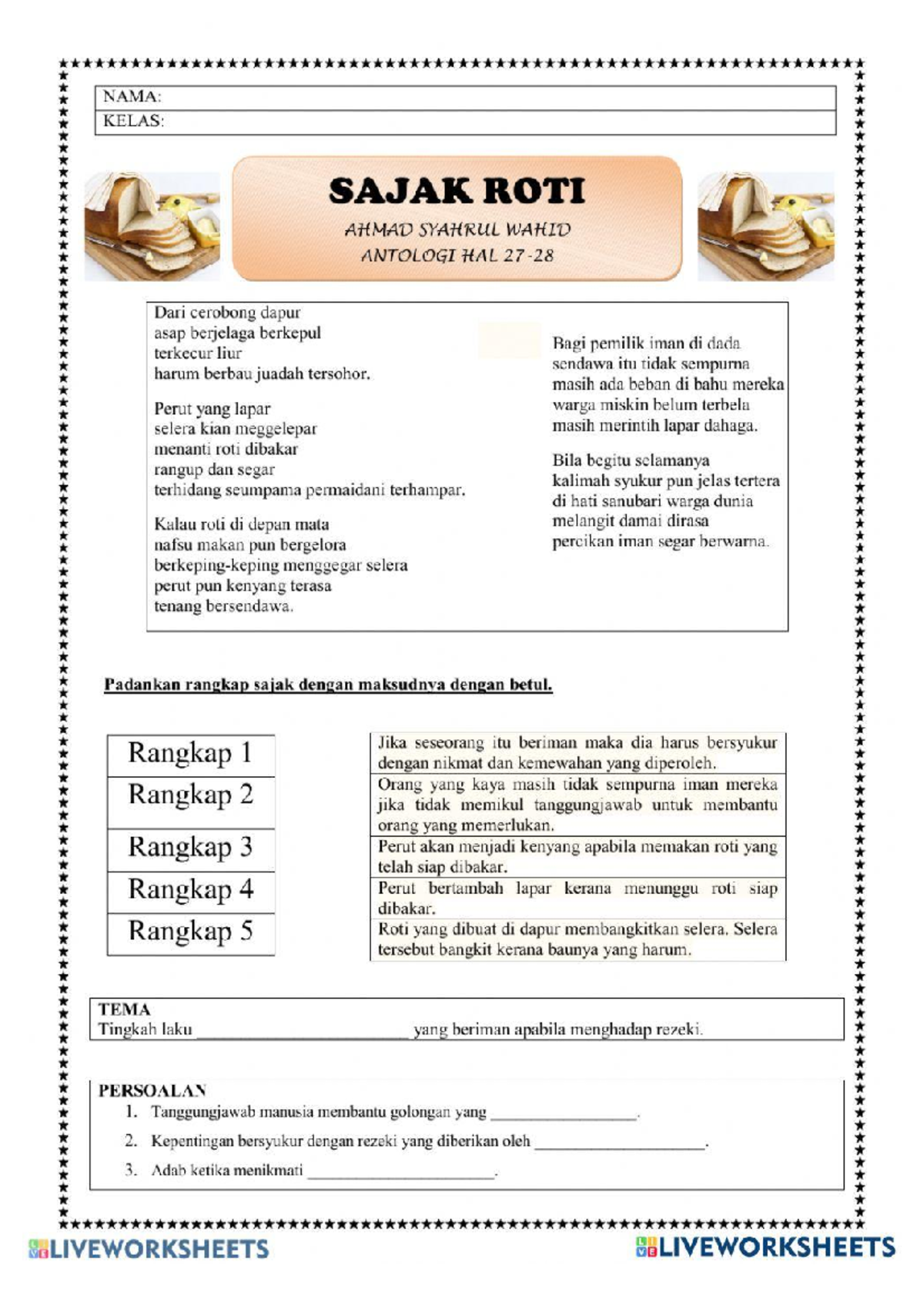 Worksheet 1291371: Analisis Sajak Roti dan Tanggungjawab Sosial - Studocu