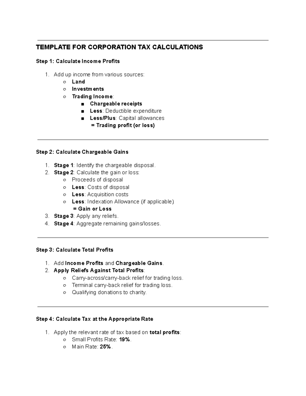 Corporation Tax Calculations Template: Step-by-Step Guide - Studocu