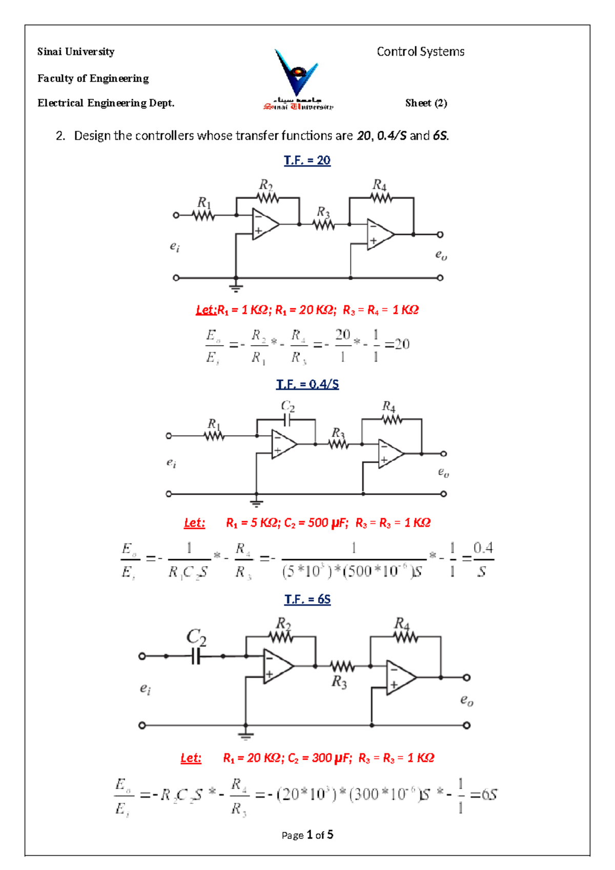 EE 302 Control Systems - Sheet 2 Solution and Controller Design - Studocu