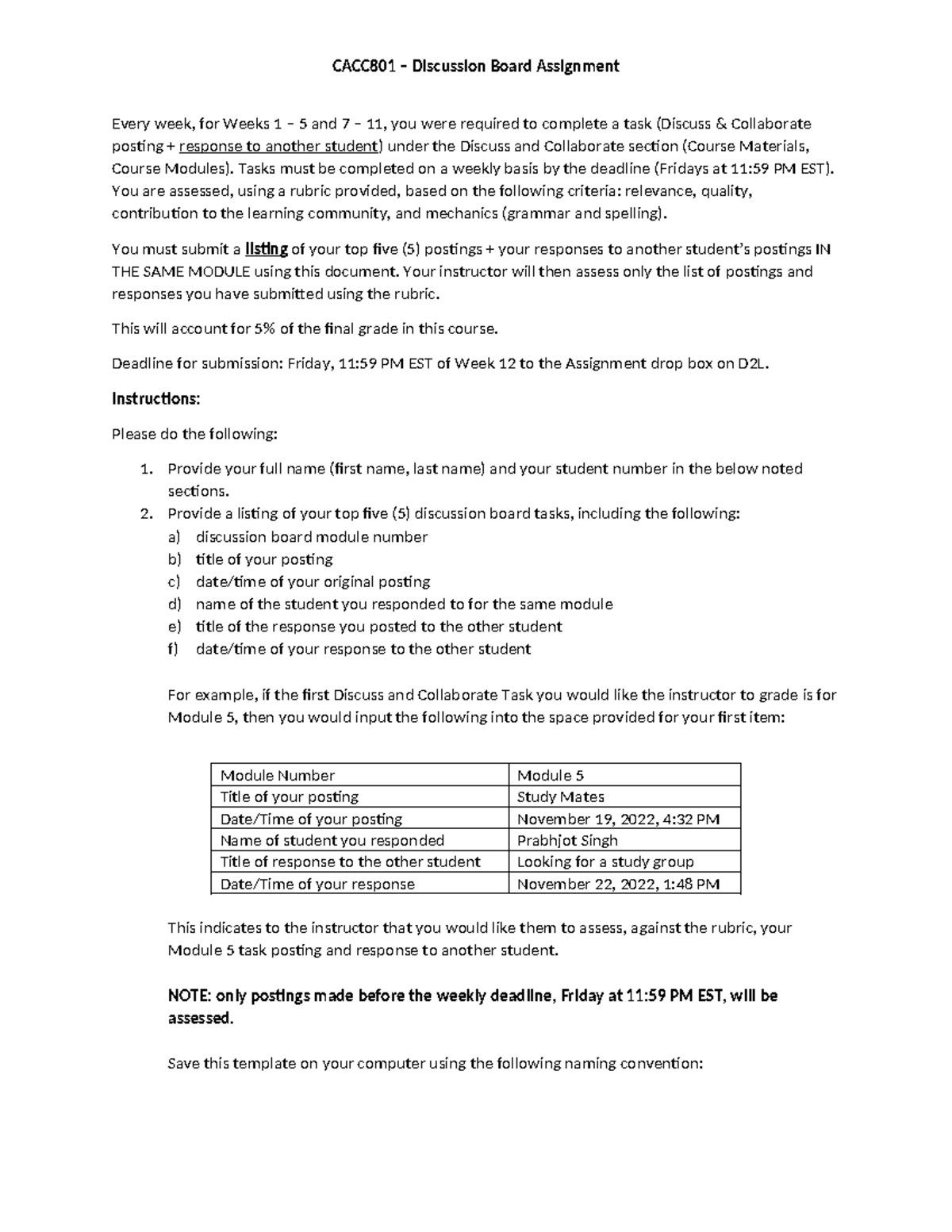 CACC801 Discussion Board Assignment Guidelines and Submission Template ...