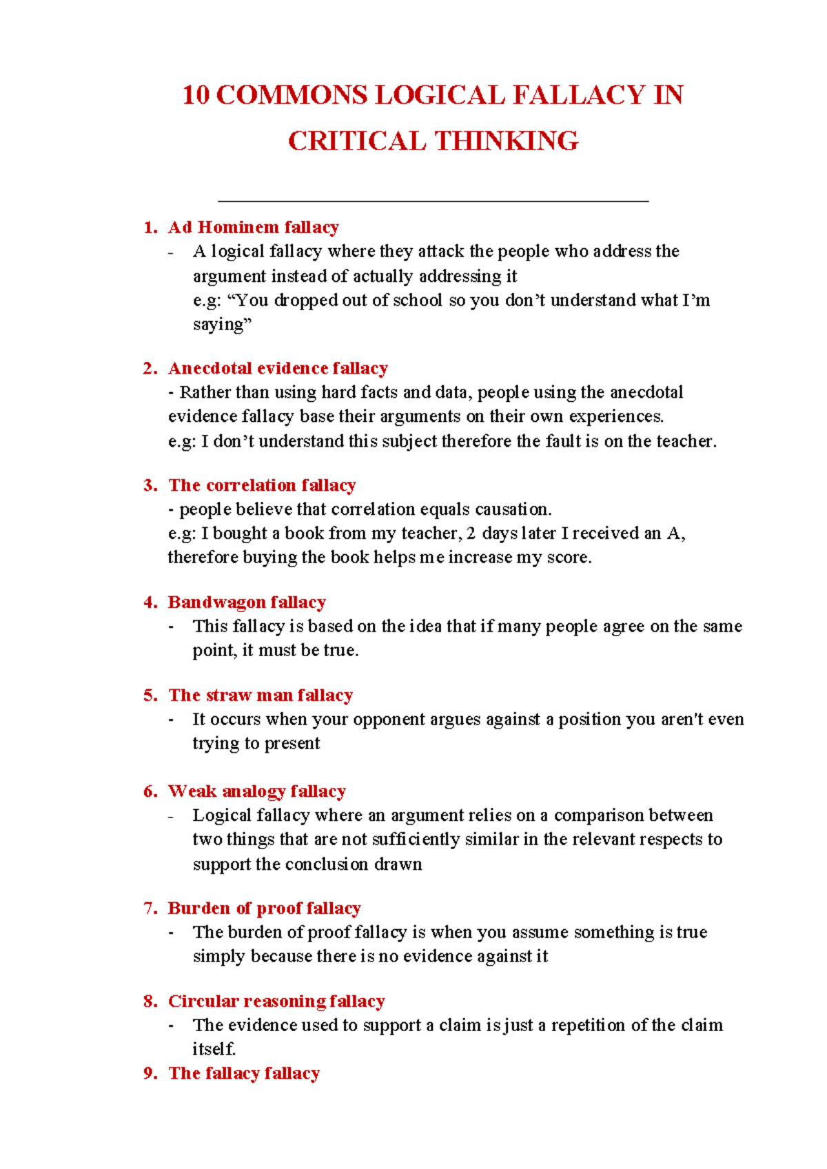 10 Common Logical Fallacies in Critical Thinking: A Guide - Studocu