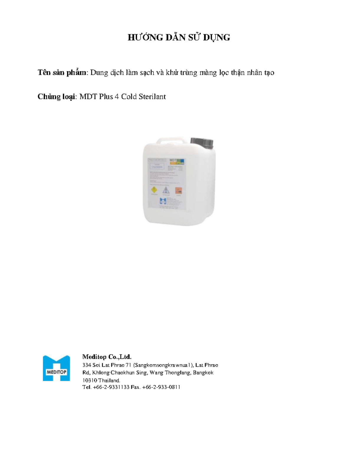 Hướng Dẫn Sử Dụng MDT Plus 4 Cold Sterilant cho Màng Lọc Thận - Studocu