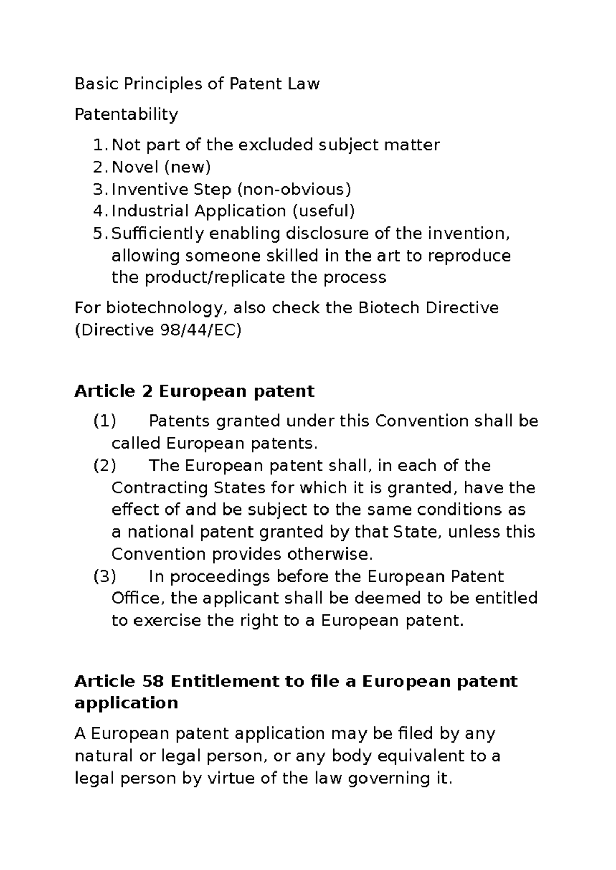 Basic Principles of Patent Law - Key Concepts and EC Articles - Studeersnel