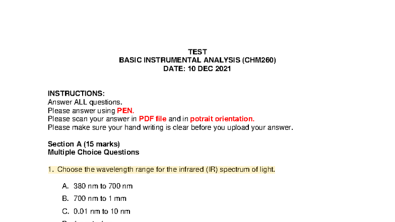 Past Test on Basic Instrumental Analysis (CHM260) - Dec 2021 - Studocu