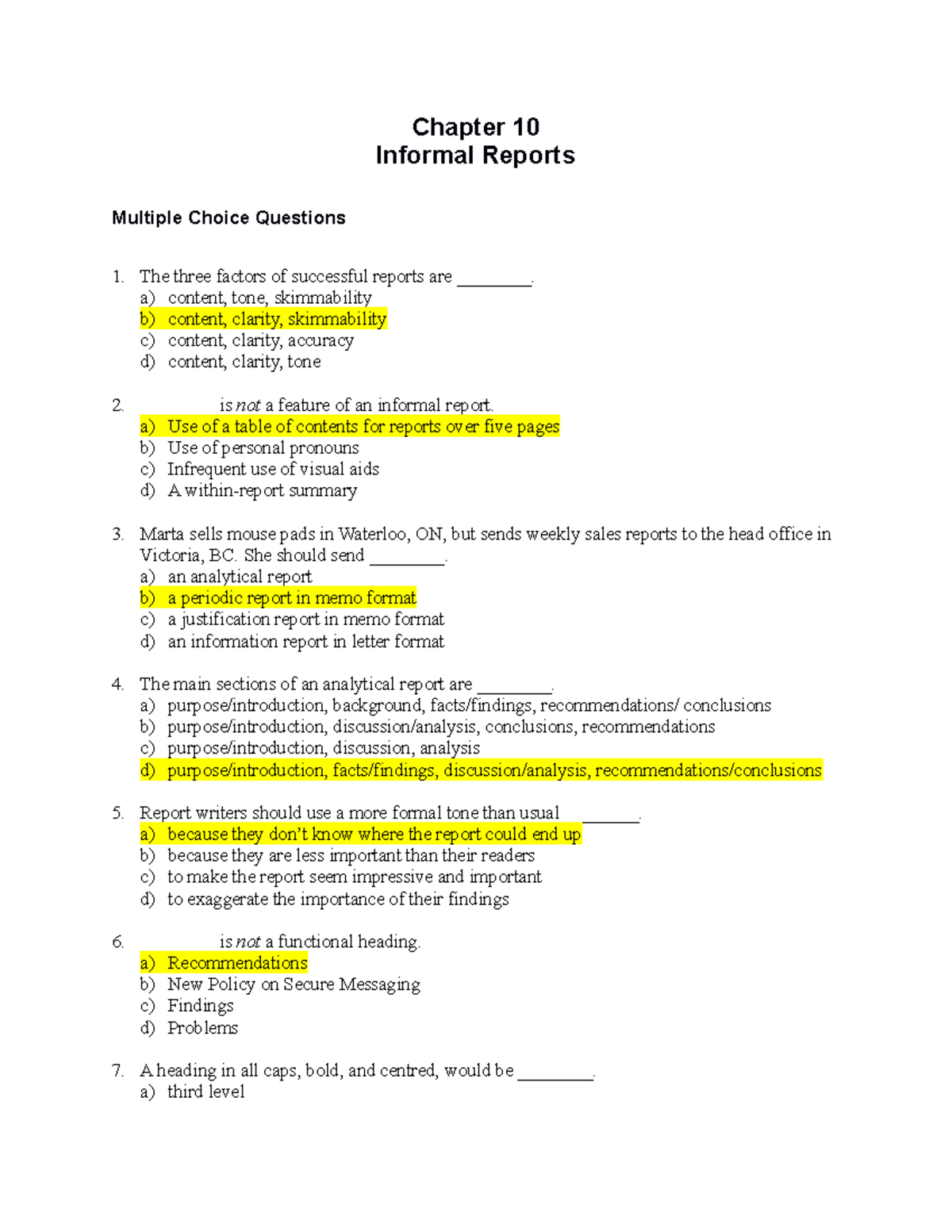 Informal Reports Quiz - iii Review and Questions - Studocu