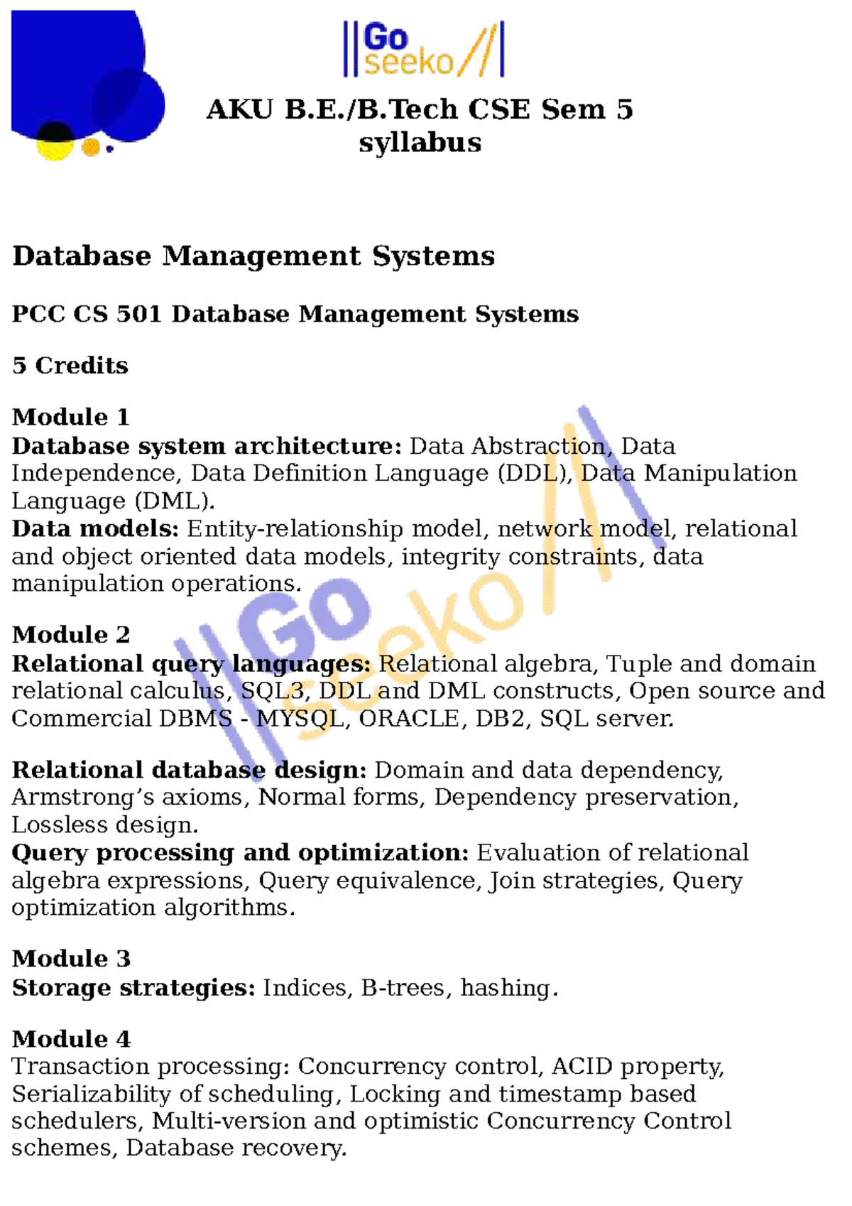 AKU CSE Sem 5 Syllabus: Database Management Systems & More - Studocu