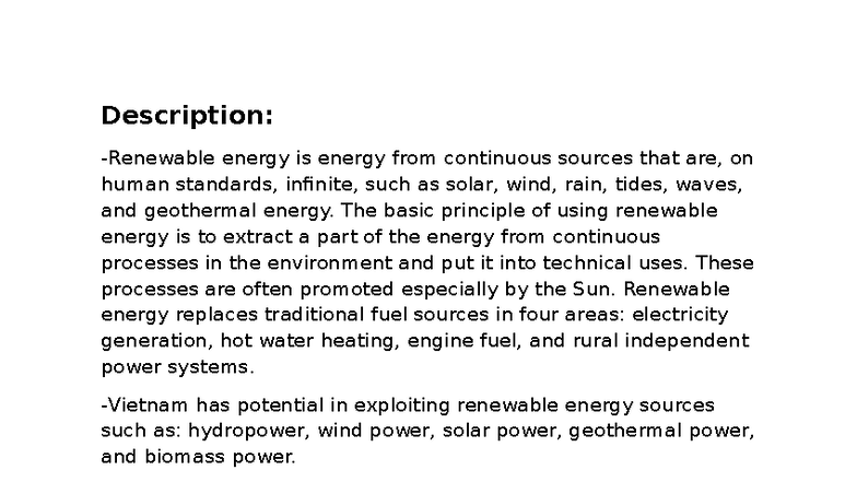 Renewable energy - Description: -Renewable energy is energy from ...
