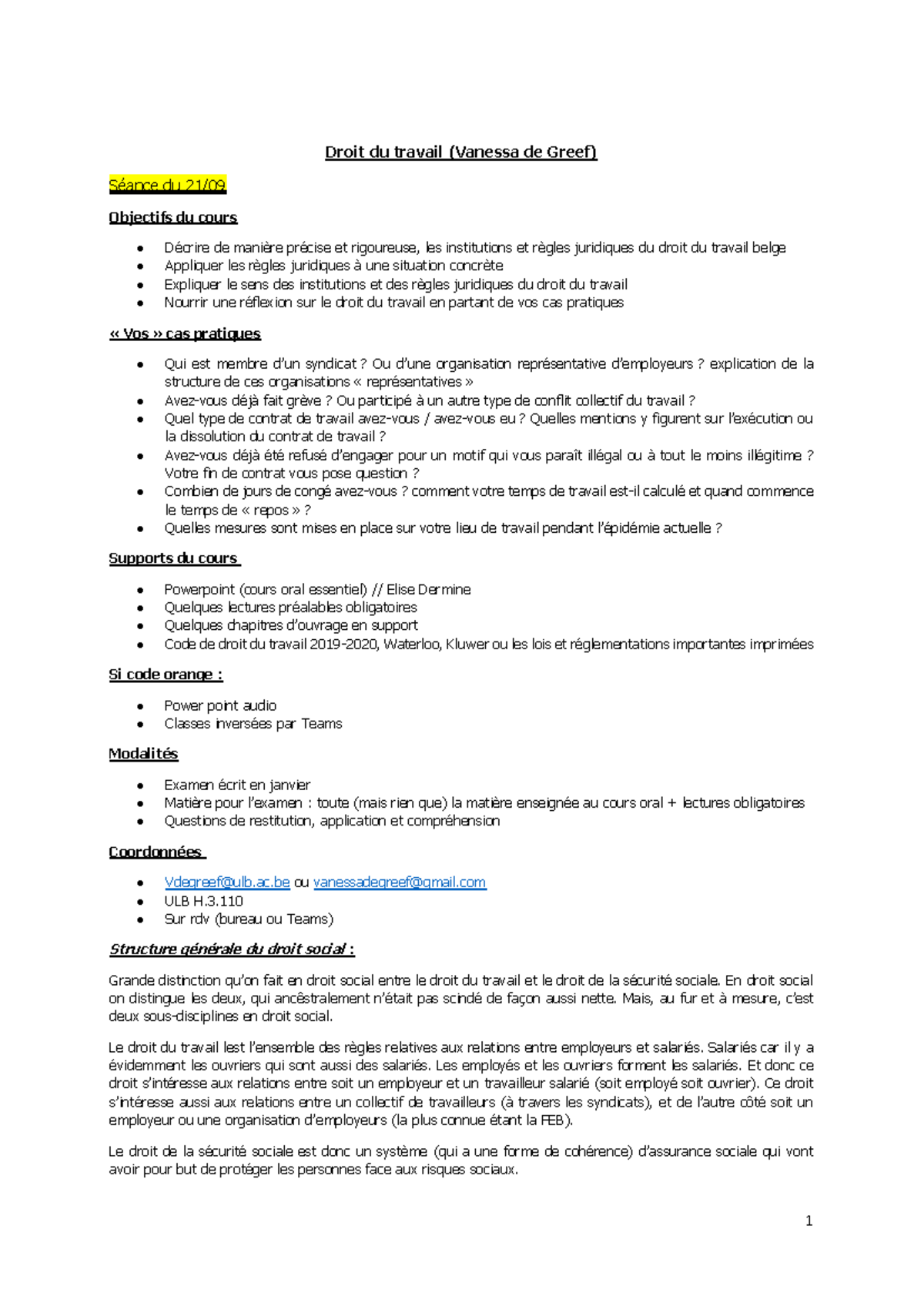 Droit du Travail - Notes de Cours et Structures 2020 (Vanessa de Greef ...