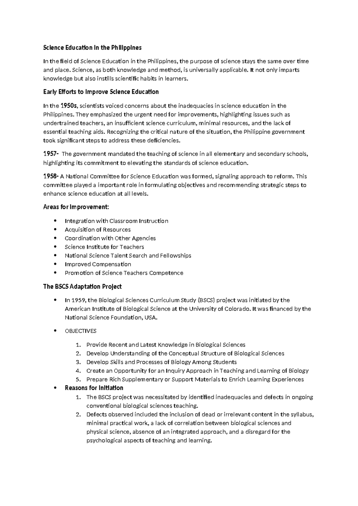 Science Education Improvements and Initiatives in the Philippines - Studocu