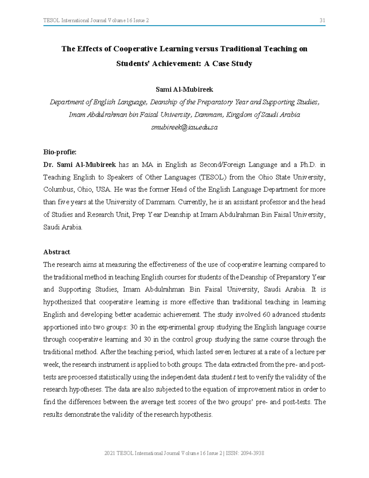 TESOL 2021 Case Study: Cooperative Learning vs. Traditional Teaching ...