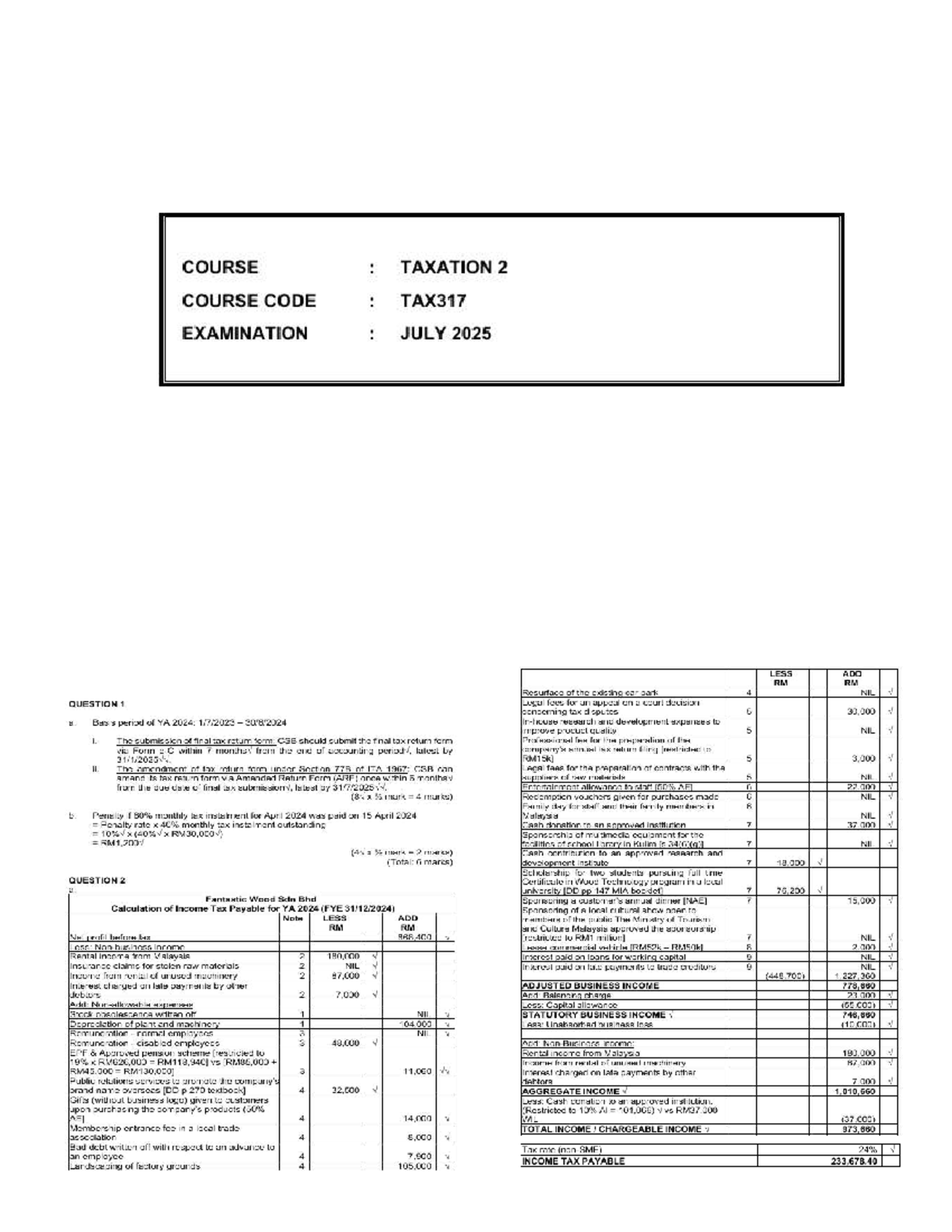 TAX317: July & February 2025 Examination Answer Scheme - Document Preview