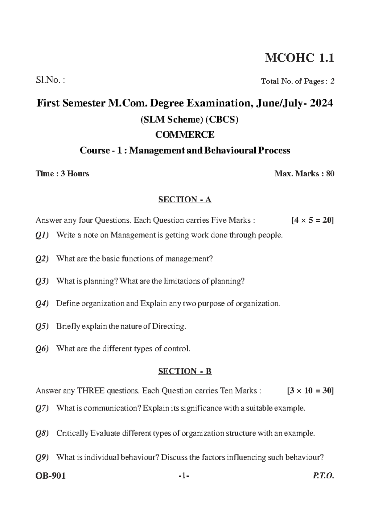 MCOHC 1.1 M.Com 1st Sem Exam Study Notes: Management & Behavioural ...