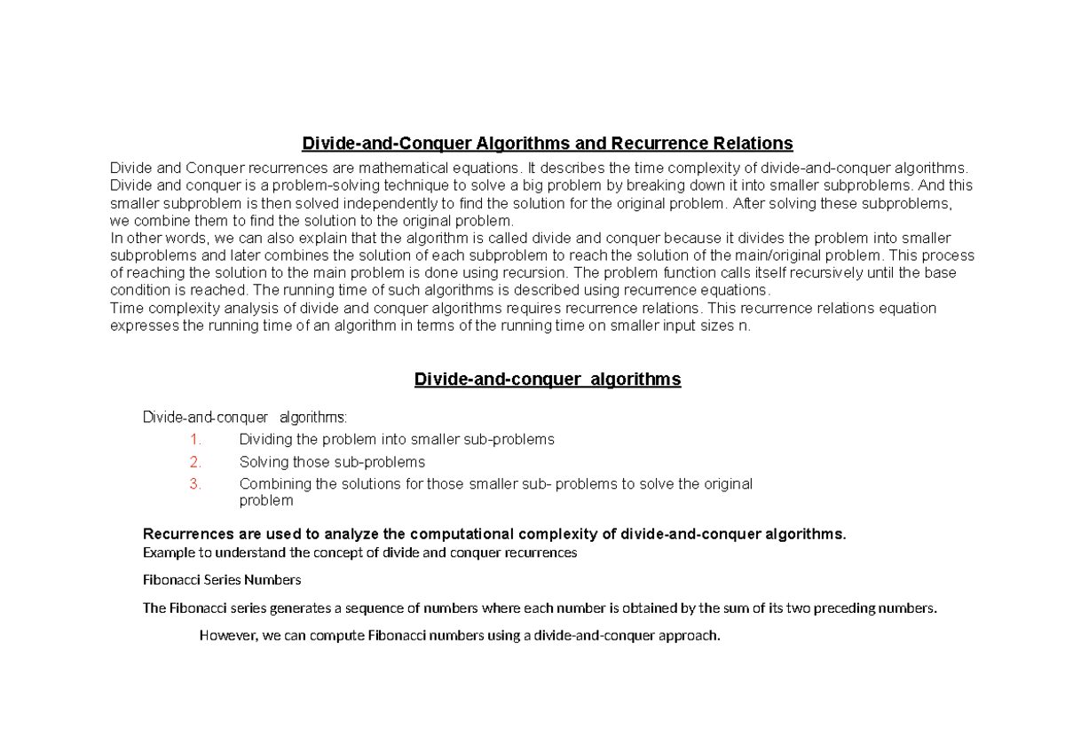 DAA Notes: Understanding Divide and Conquer Recurrences - Studocu