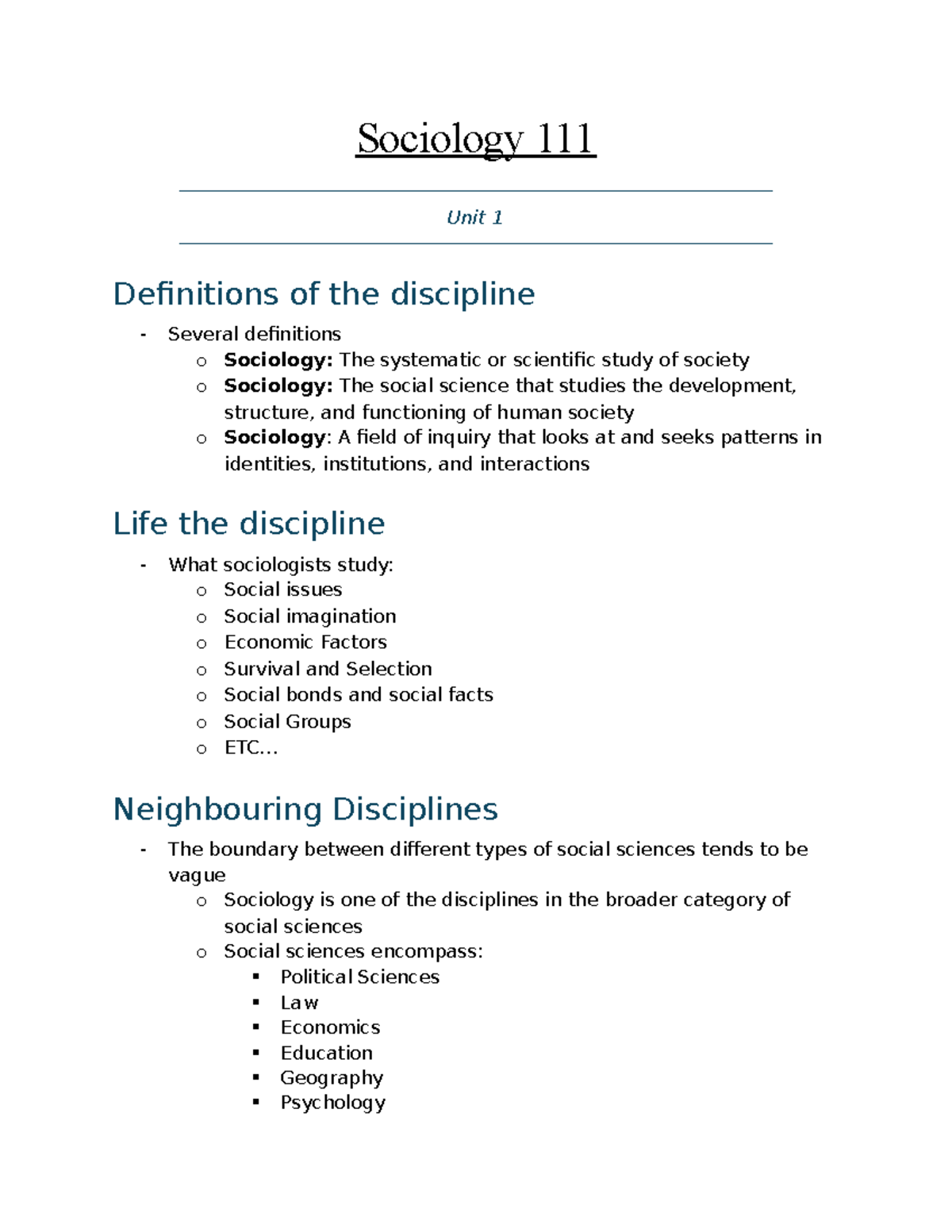 Sociology 111 - Comprehensive Lecture Notes for Units 1-3 - Studocu