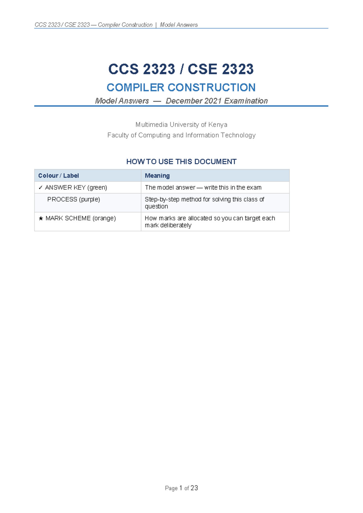 CCS 2323 Compiler Construction Model Answers - December 2021 Exam - Studocu