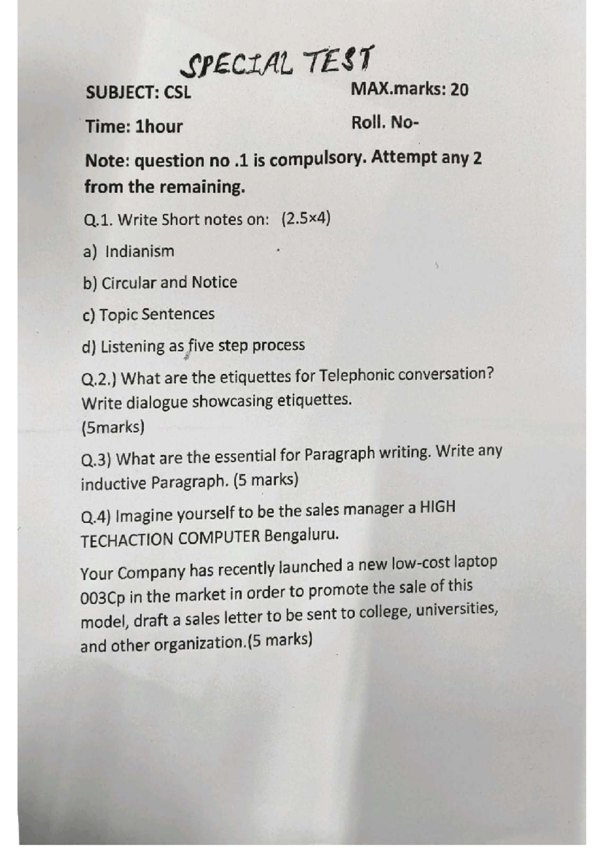 CSL Special Test: Communication Skills Question Paper (Max 20 Marks ...