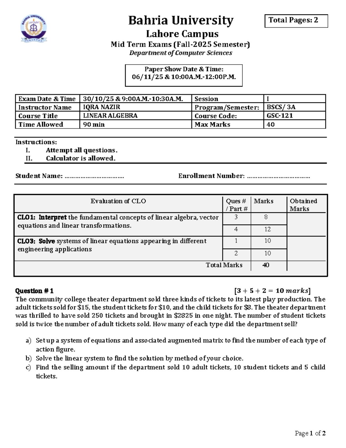 GSC-121 Mid Term Exam - Linear Algebra - Fall 2025 - Studocu