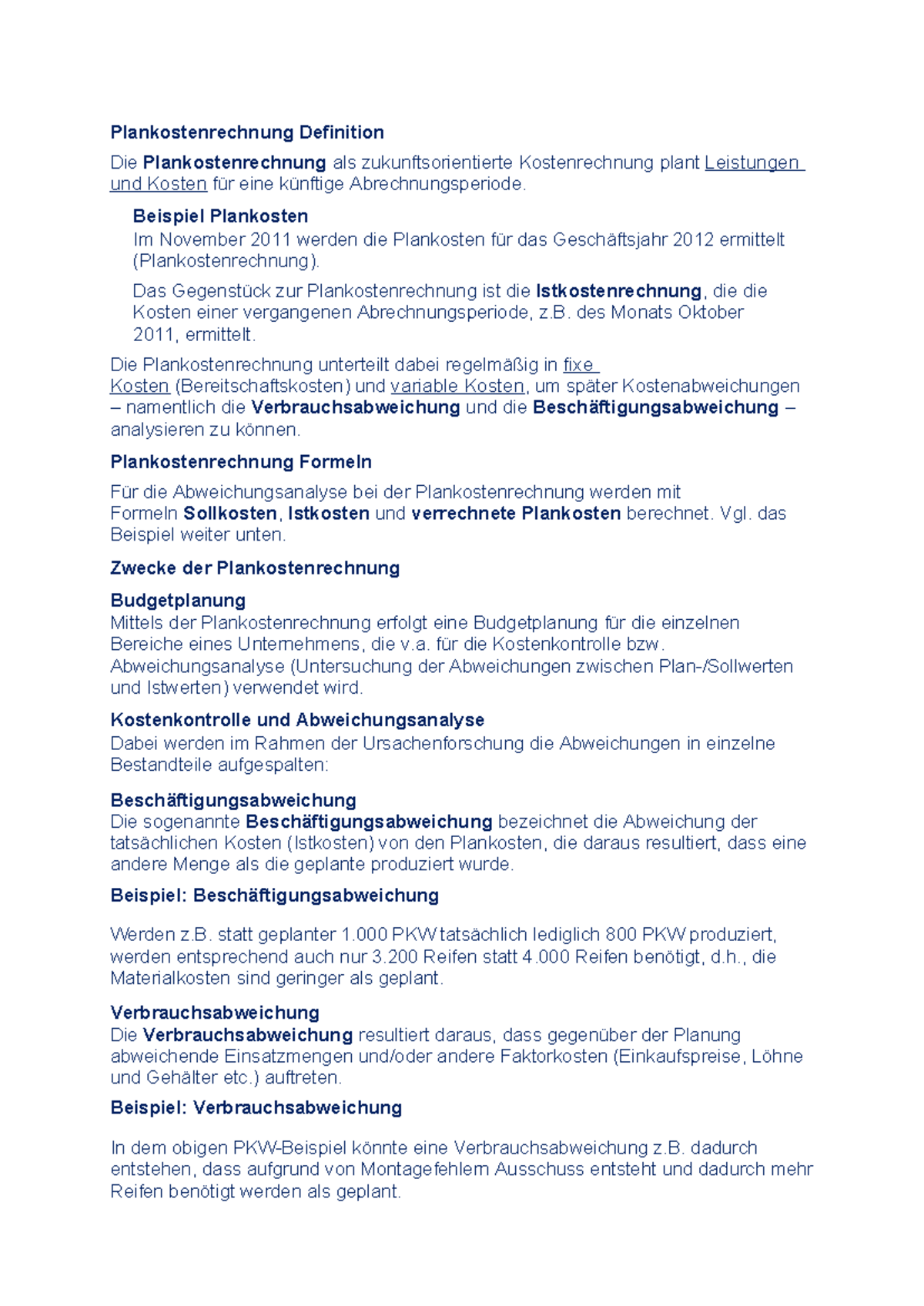 Plankostenrechnung: Definition, Beispiele und Abweichungsanalyse - Studocu