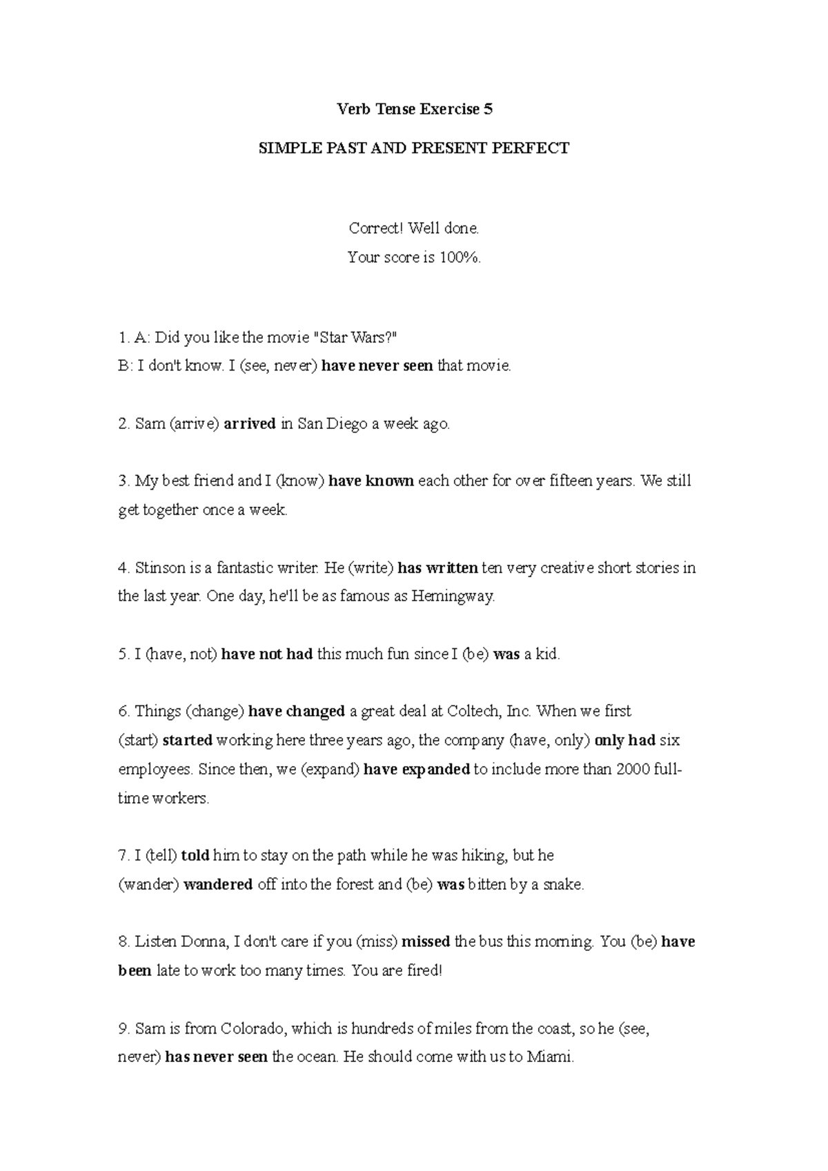 Verb Tense Exercise 5: Simple Past vs Present Perfect Practice - Studocu
