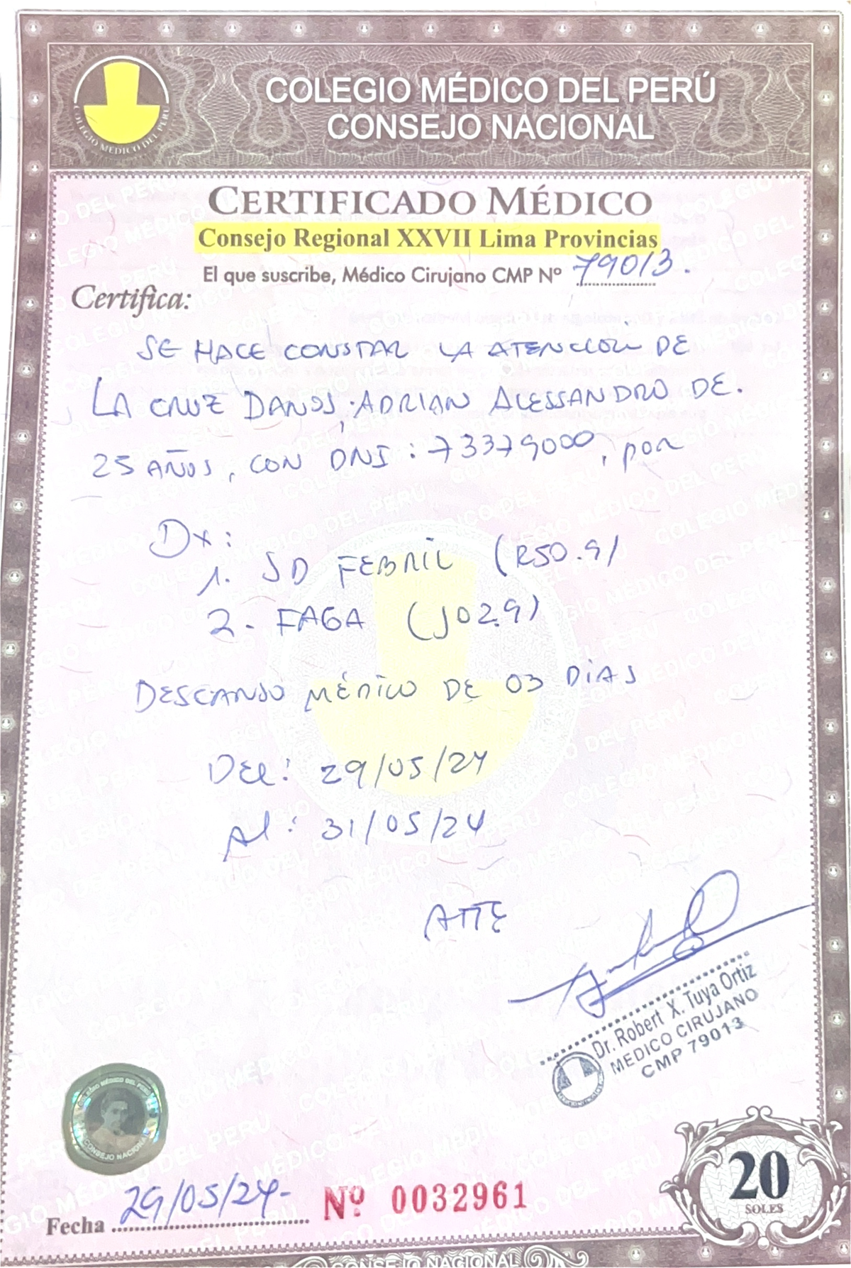 Certificado Médico - Descanso Médico de 3 Días (CMP N° 79013) - Studocu