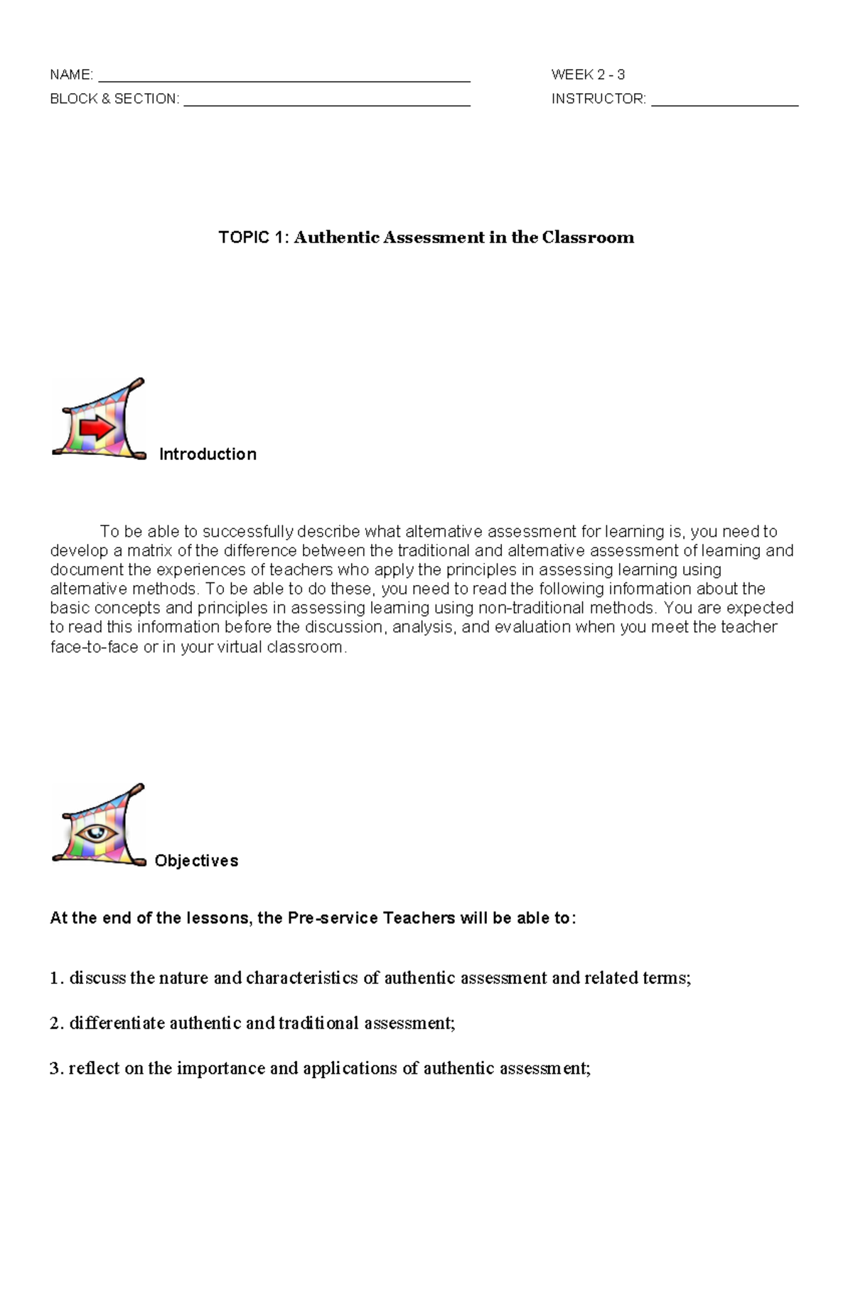 PED 108 Week 2-3 Lecture Notes: Authentic Assessment in the Classroom ...