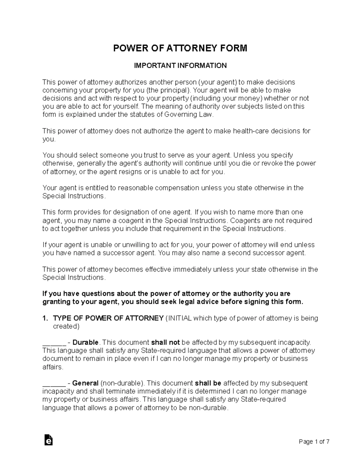 Power of attorney document for property management and transactions ...
