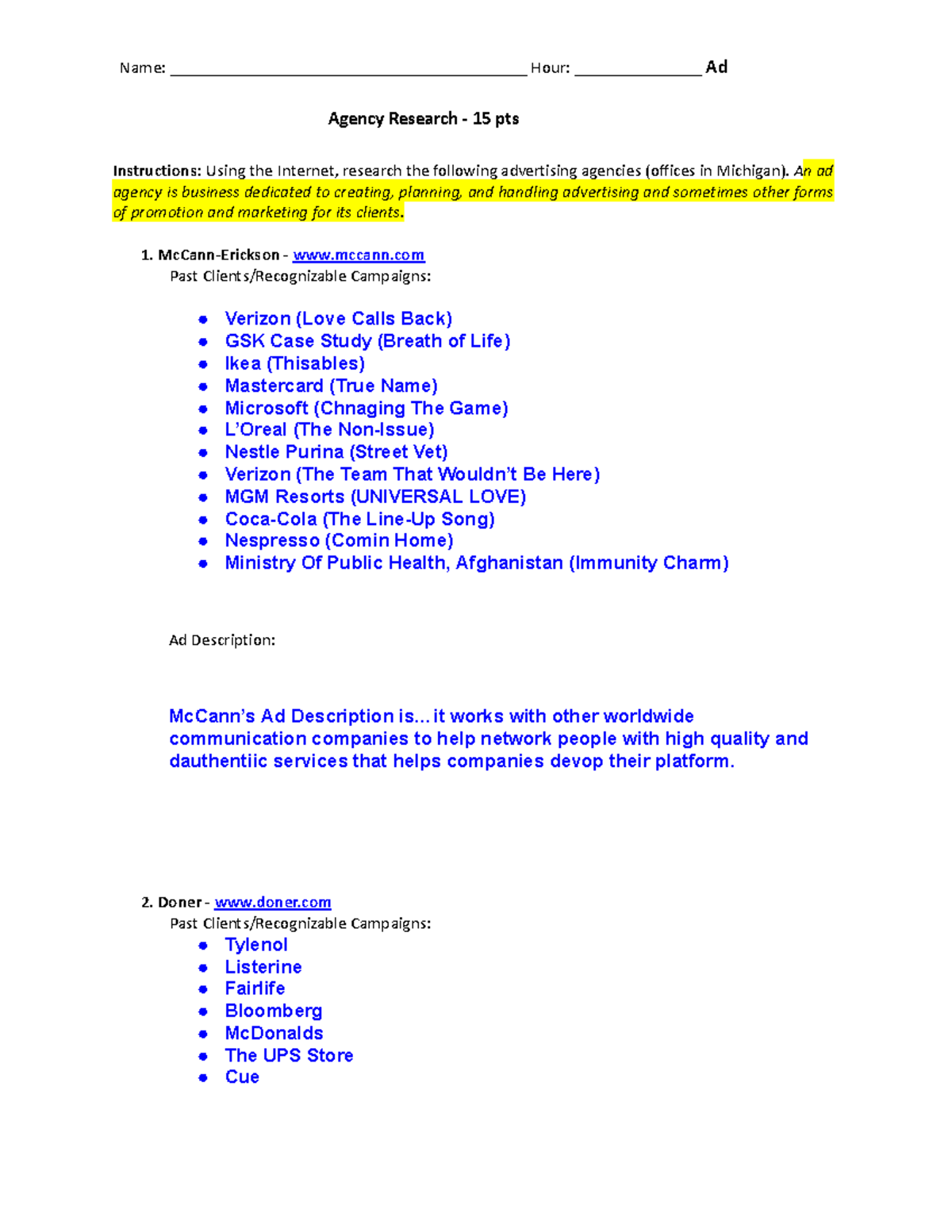 Ad Agency Research Assignment - Name ...