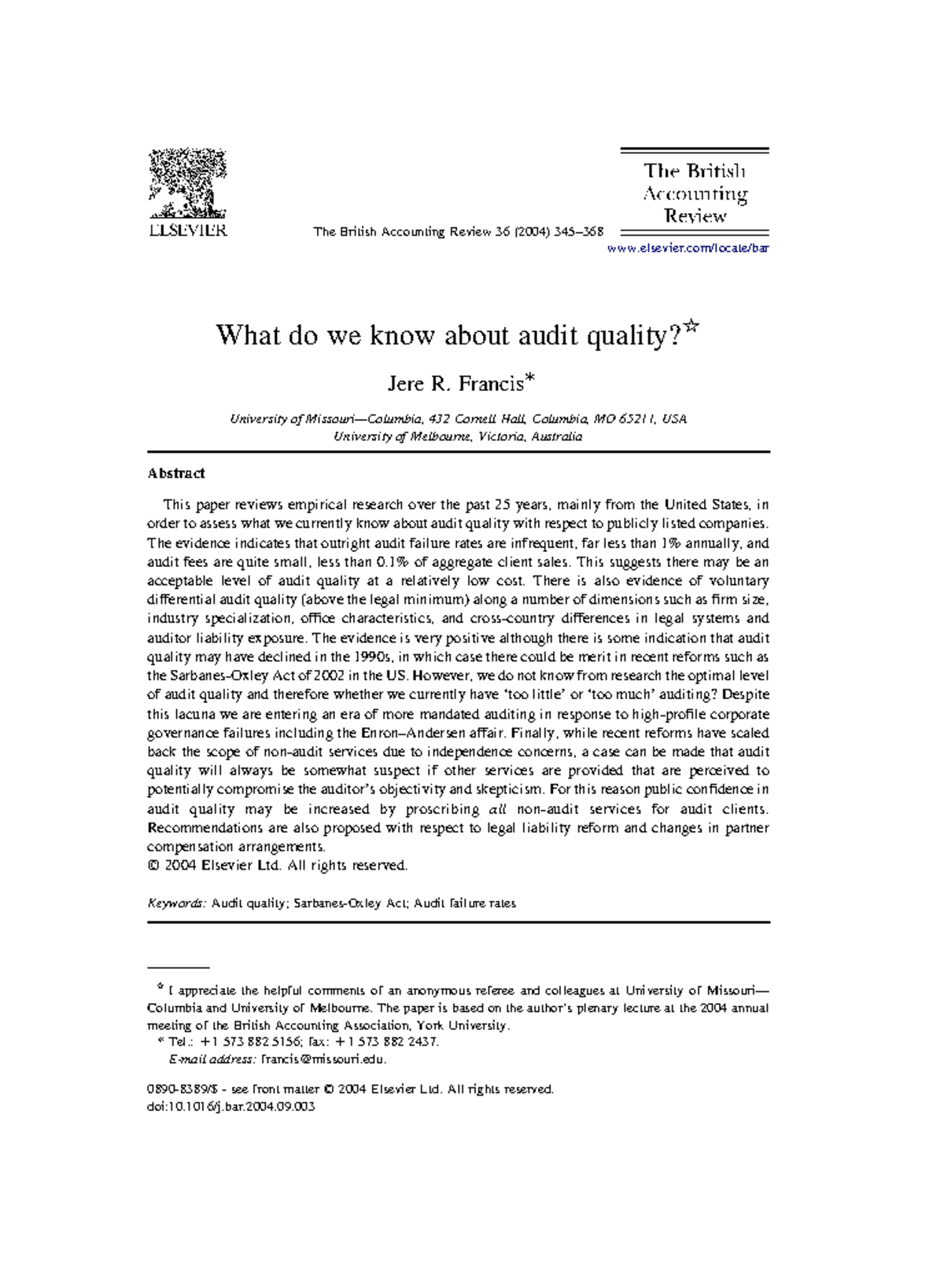 Audit Quality Insights: A Review of Empirical Research (ACCT 2004 ...