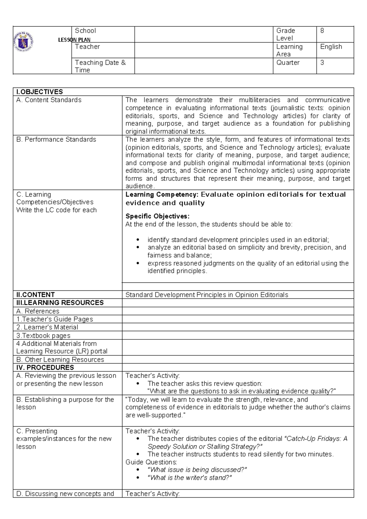 Grade 3 English Quarter Lesson Plan: Evaluating Informational Texts ...