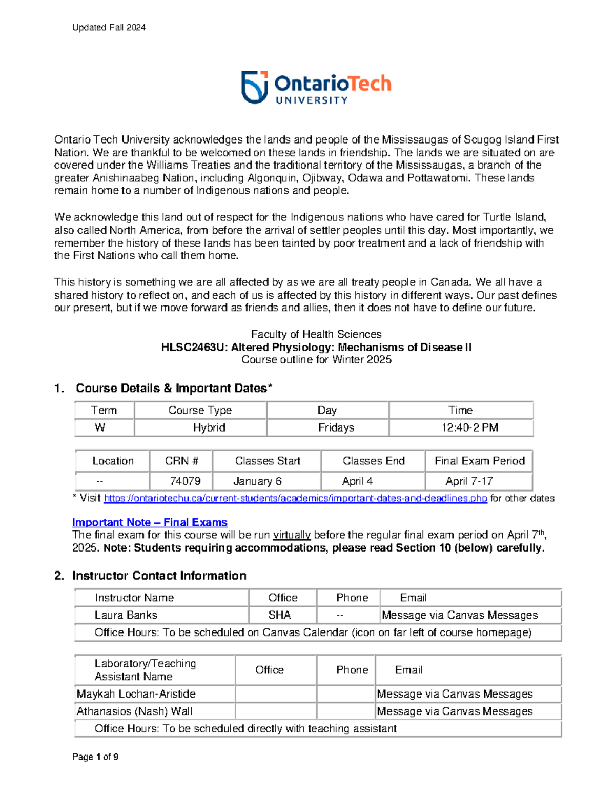 HLSC2463 Course Outline Winter 2025 Final-1 - Ontario Tech University ...