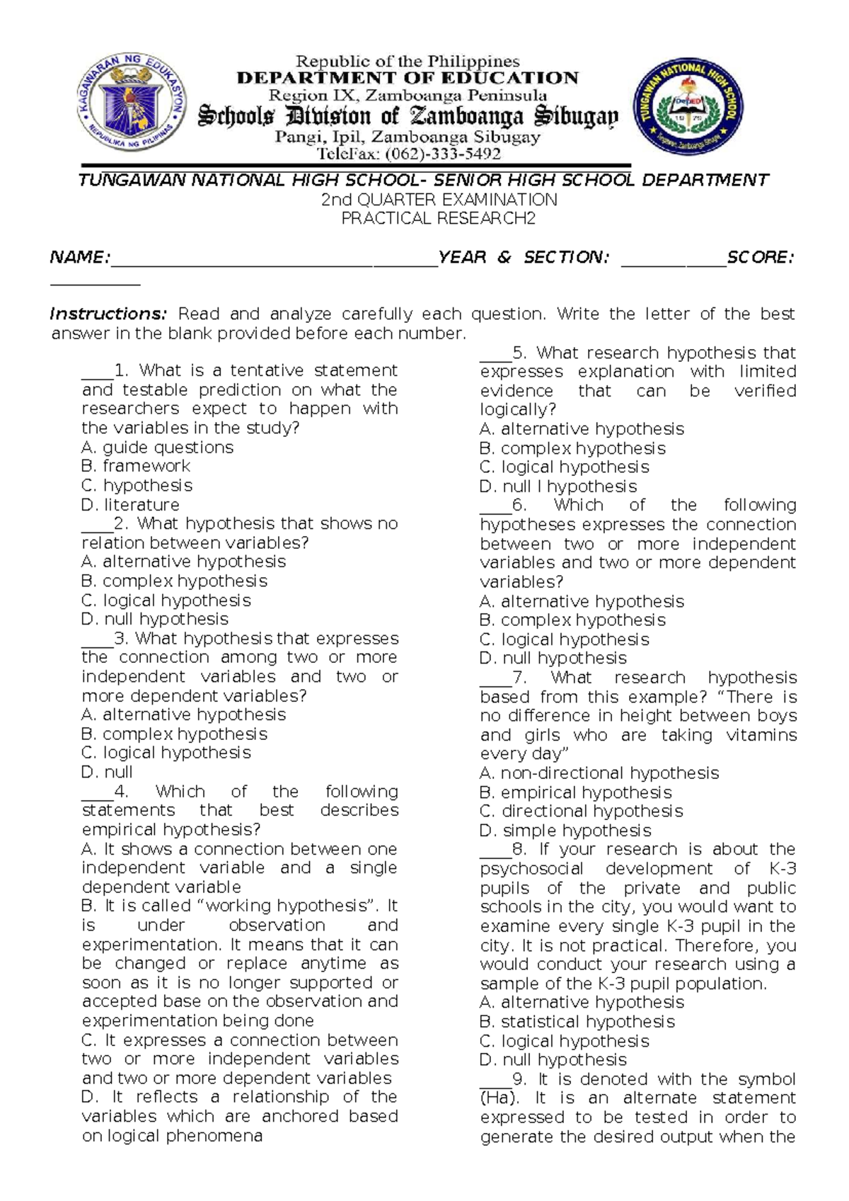 PR2 2nd Quarter Exam: Practical Research Test Questions - Studocu