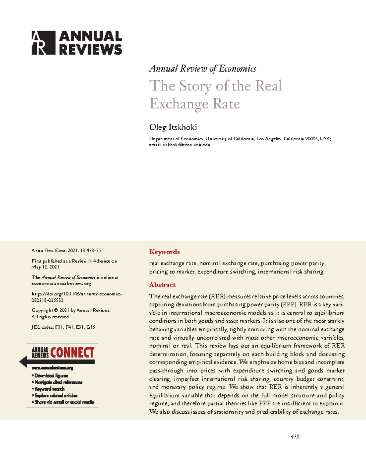 Annual Review of Economics: The Real Exchange Rate Explained - Studocu