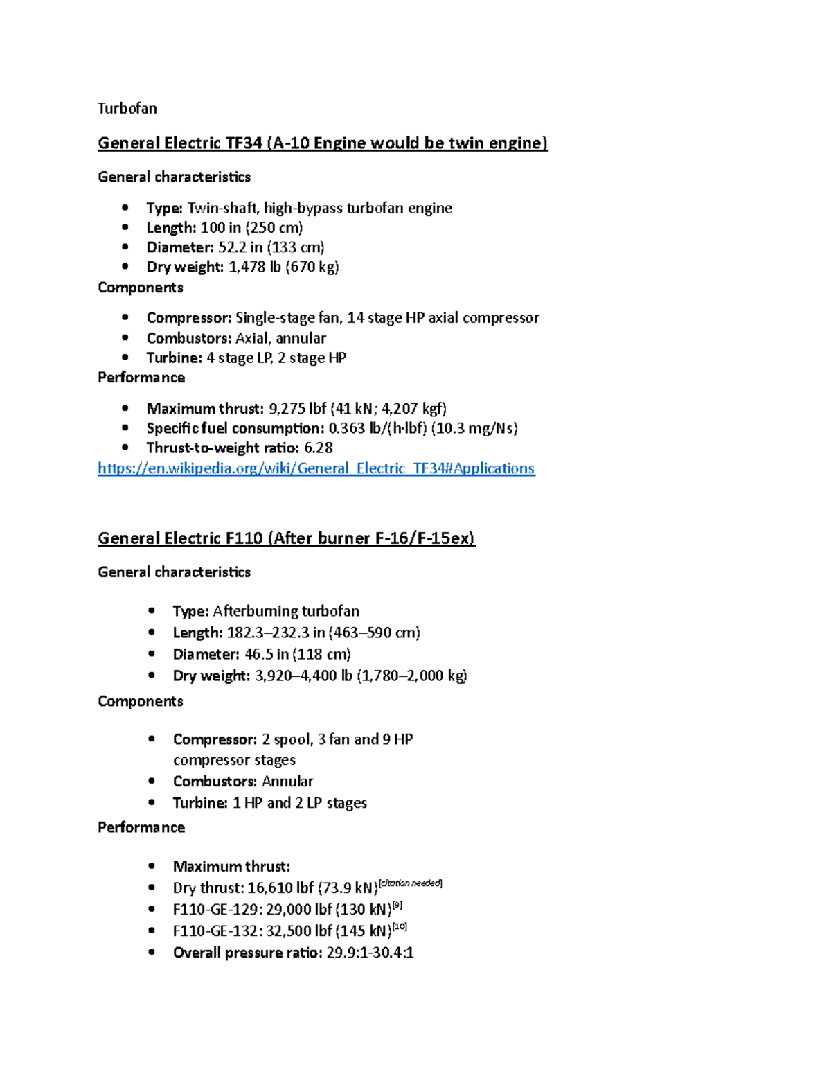 Turbofan Engine Overview and Specifications for A-10, F-16, F-117 - Studocu