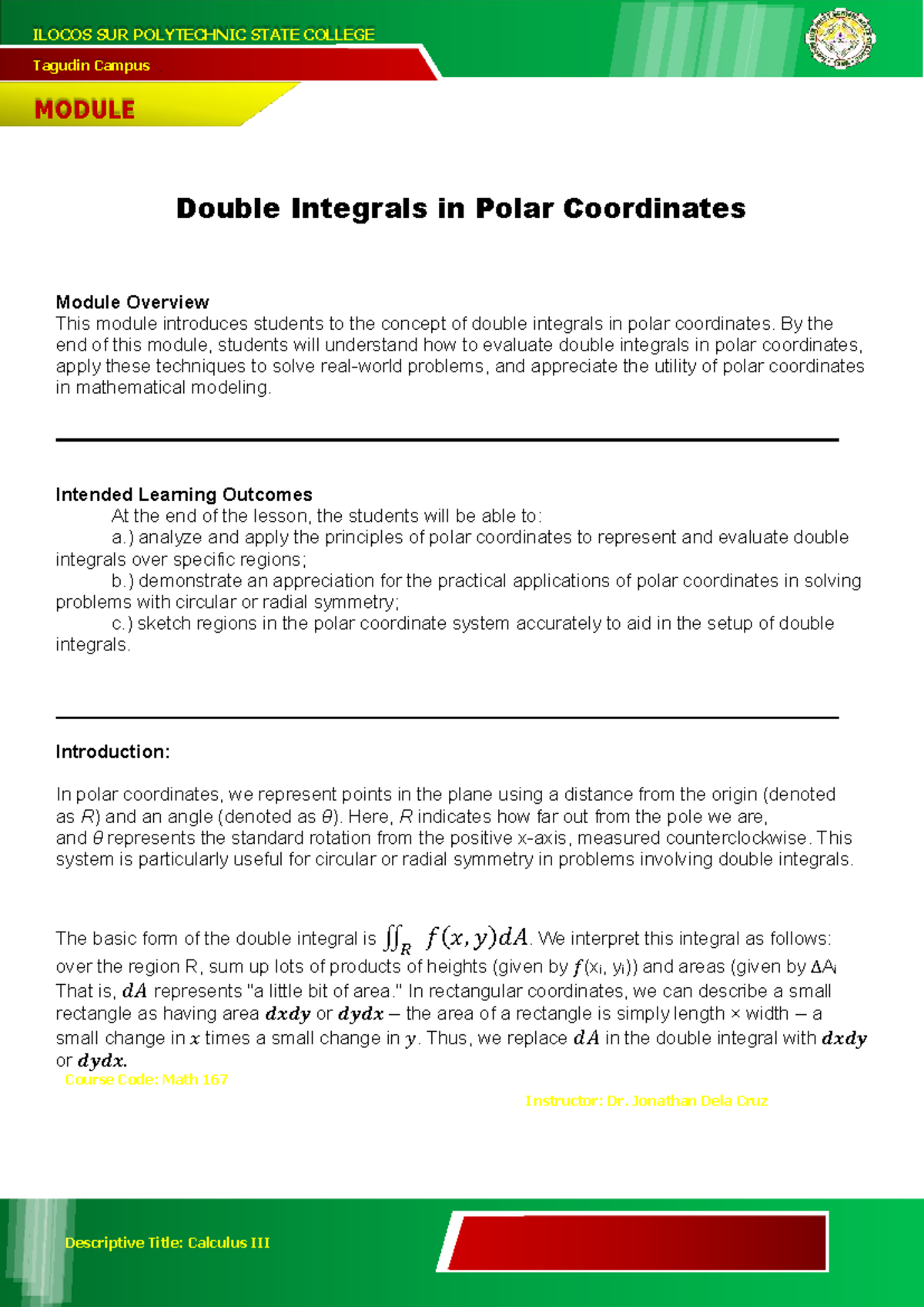 Double Integrals in Polar Coordinates - Tagudin Campus MODULE Course ...