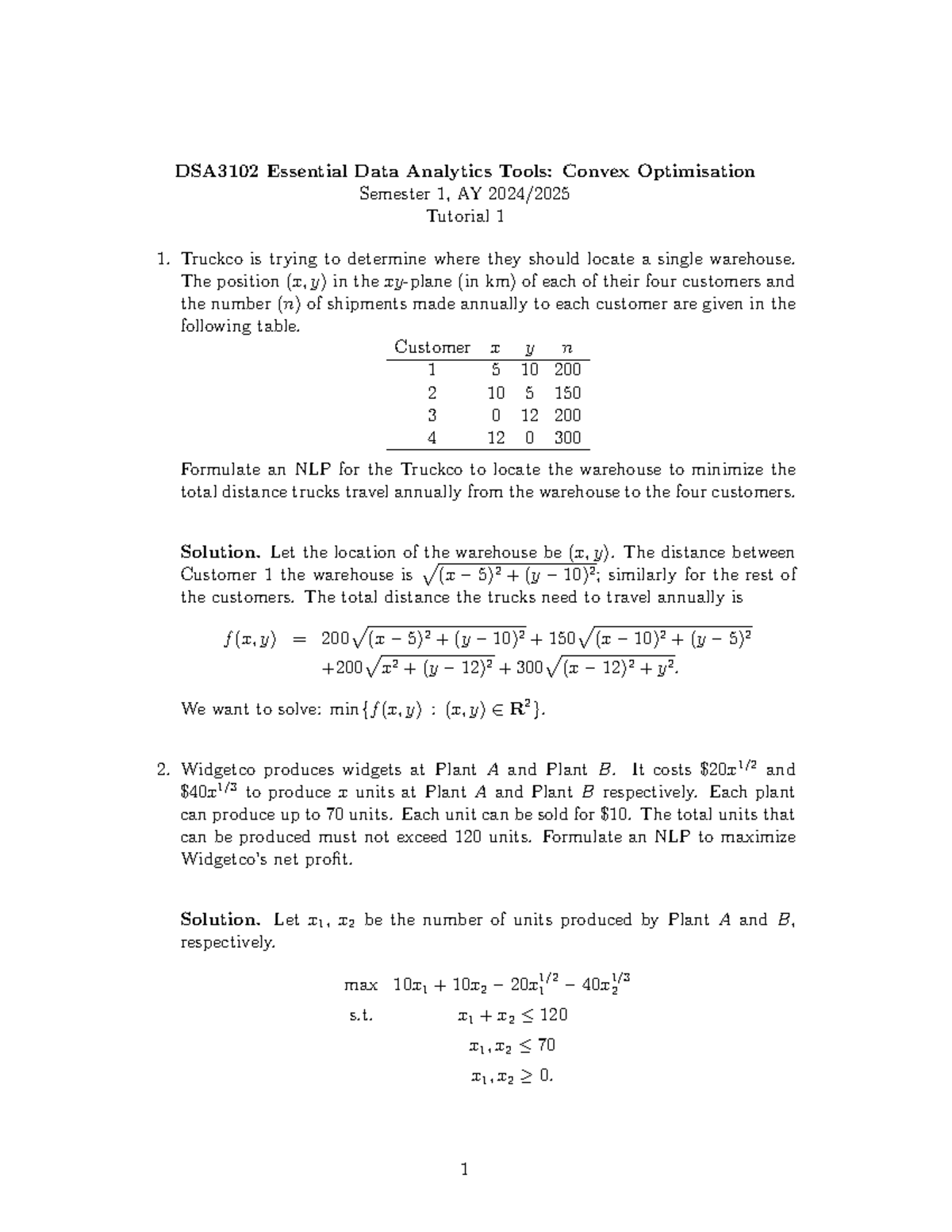 DSA3102 Tutorial 1 Solutions: Nonlinear Programming Problems - Studocu