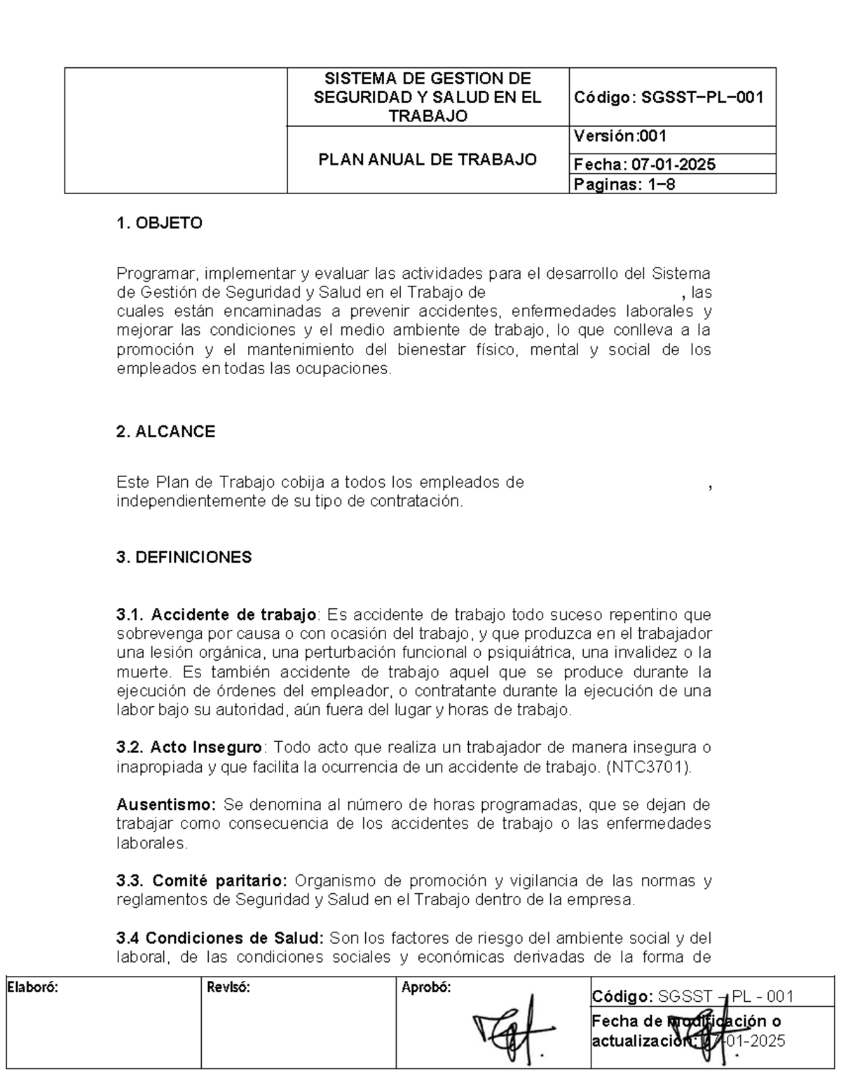 SGSST - PL - 001: Plan Anual de Trabajo en Seguridad y Salud Laboral ...