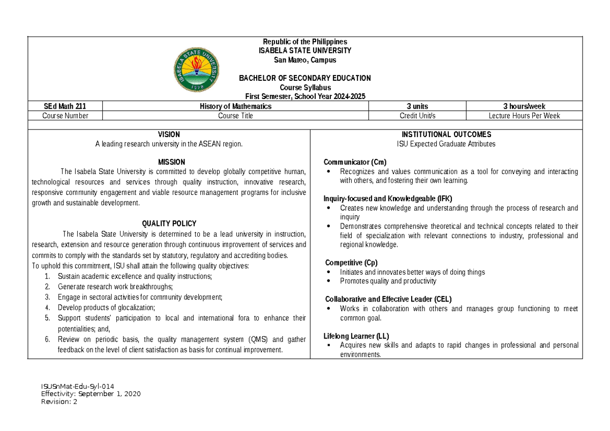 **SEd Math 211: Syllabus on the History of Mathematics (1st Sem 2024 ...