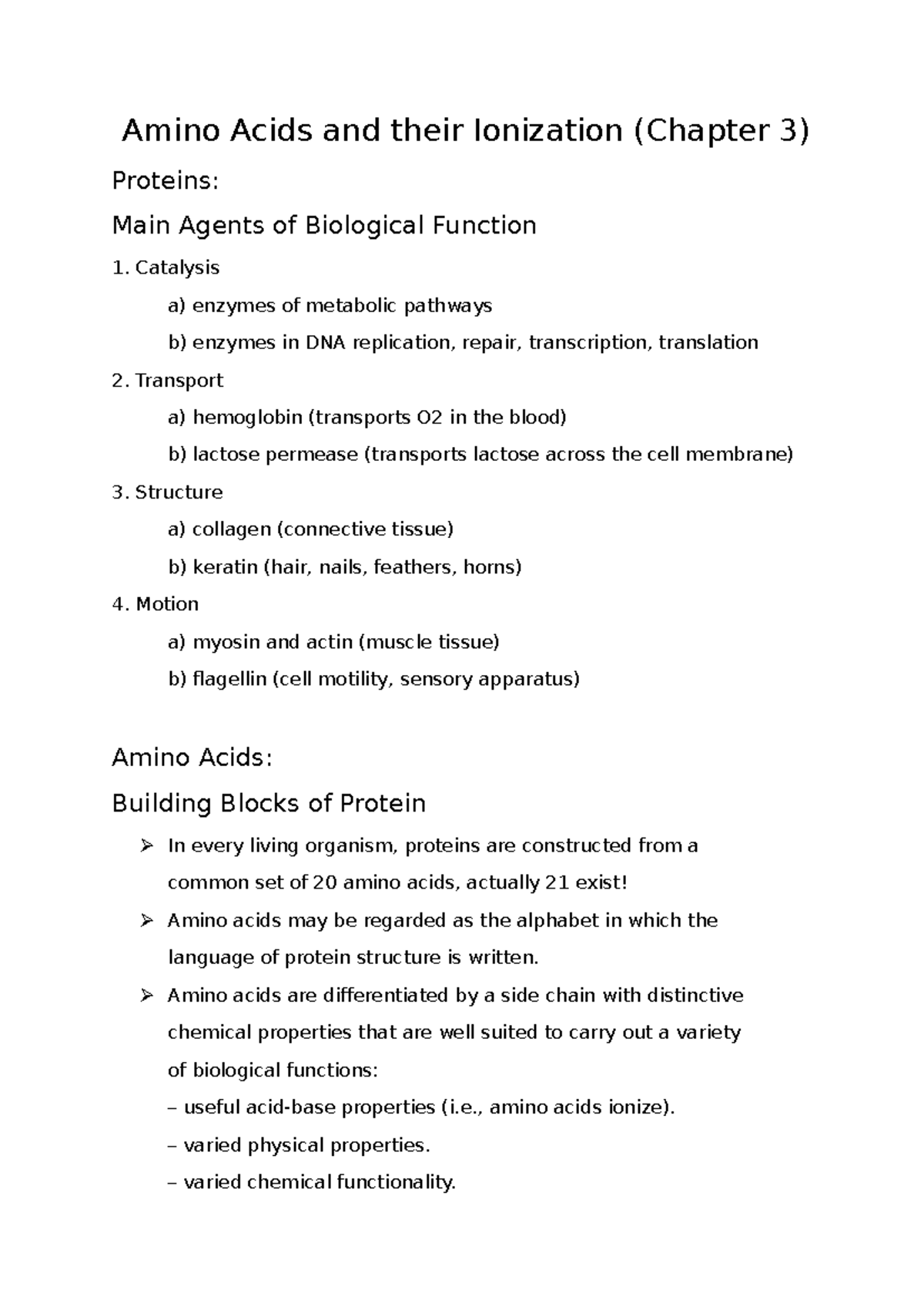 Biochemistry Chapter 3 Notes: Amino Acids & Their Ionization - Studocu