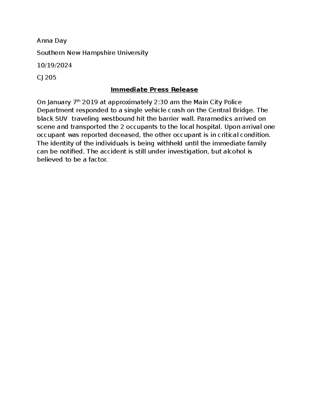 CJ 205 Project 2 PR - Description - Anna Day Southern New Hampshire ...