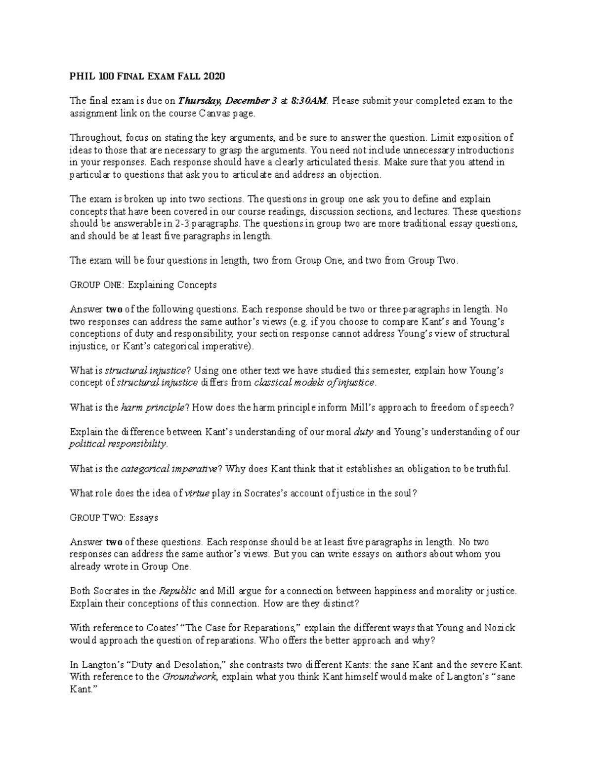 PHIL 100 FINAL EXAM REVIEW SHEET - FALL 2020 GUIDELINES - Studocu