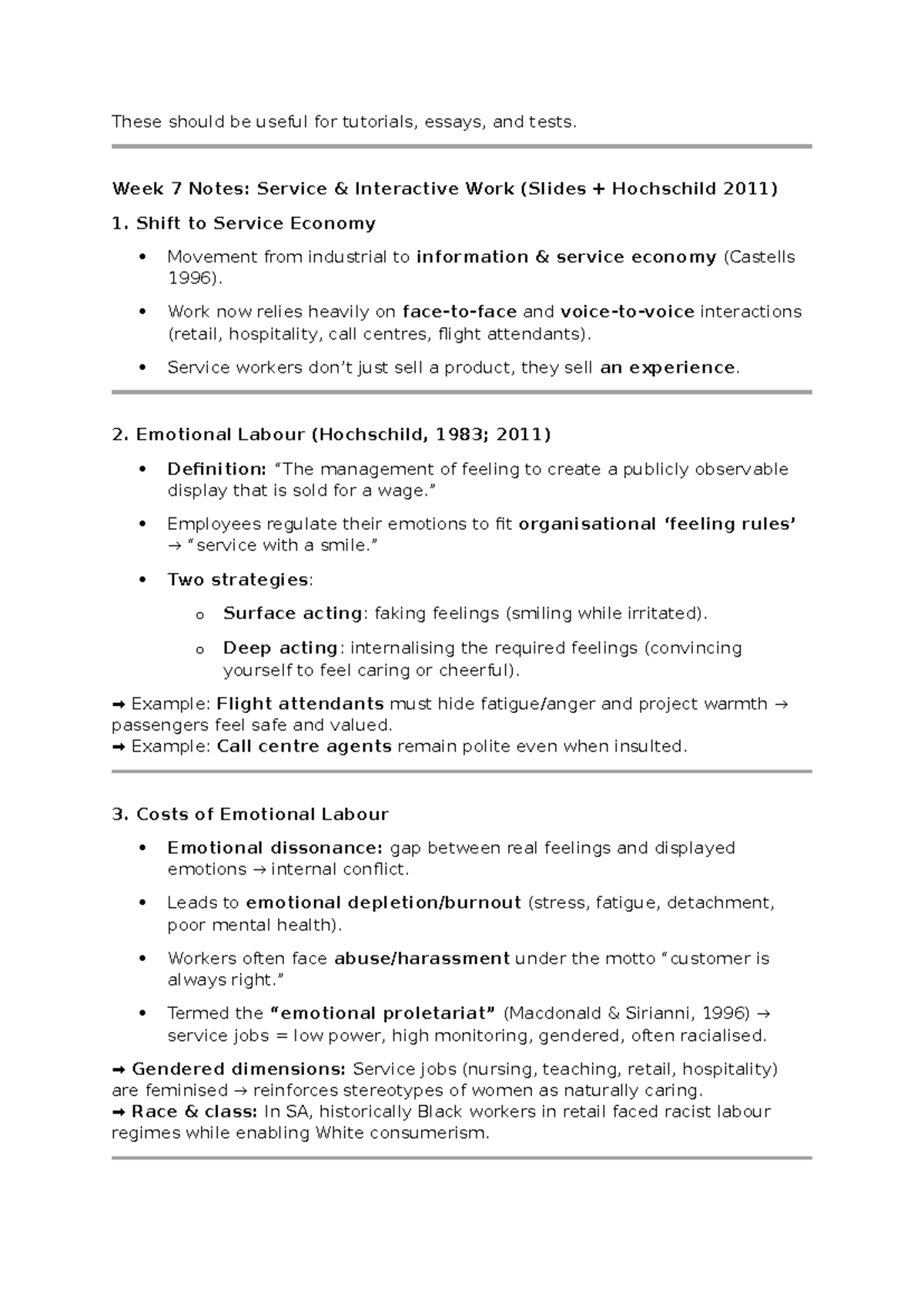 Labour and Emotions: Week 7 Notes on Service Work (Hochschild 2011 ...