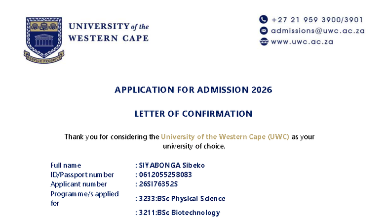UWC Admission Confirmation Letter for BSc Programs 2026 - Studocu