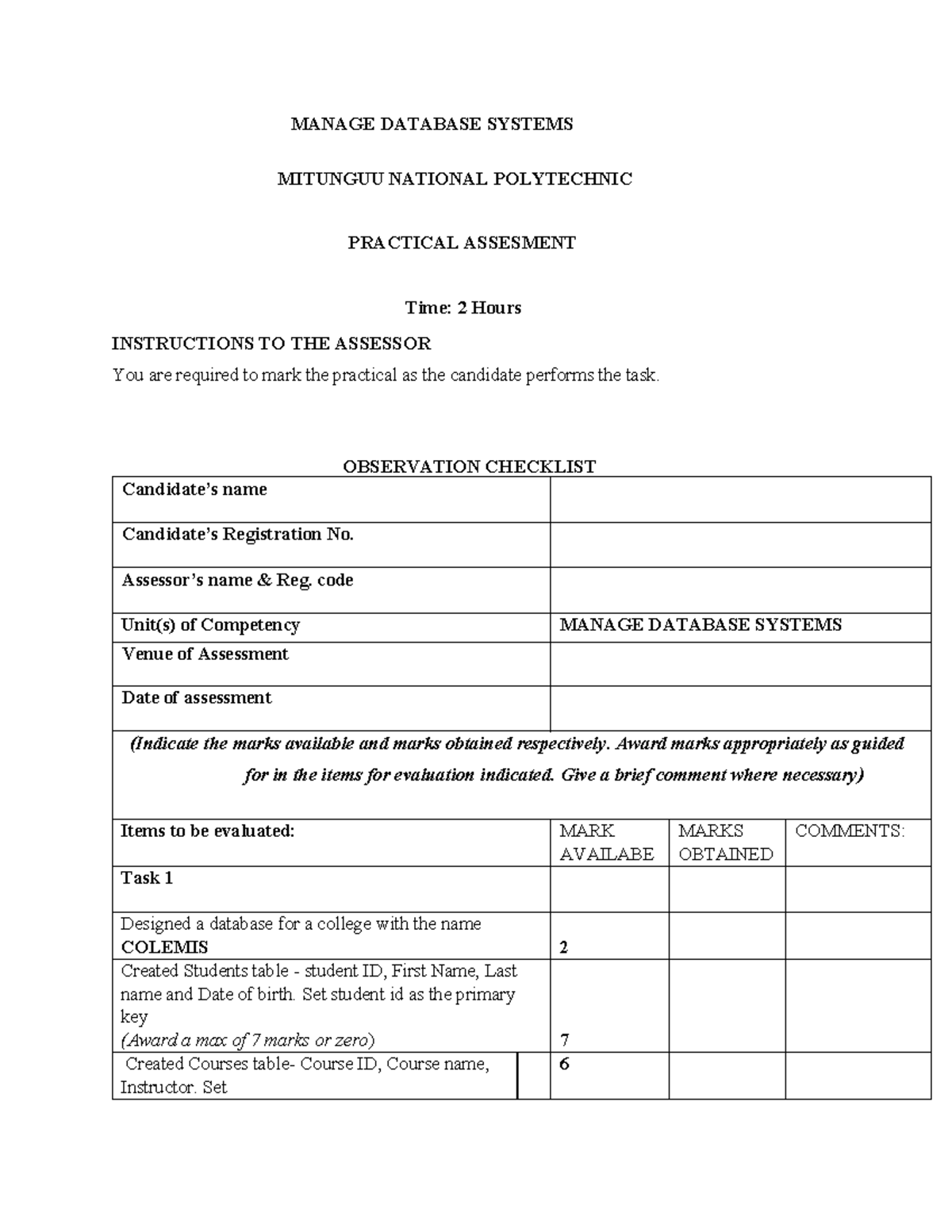 MANAGE DATABASE SYSTEMS PRACTICAL ASSESSMENT CHECKLIST - Studocu