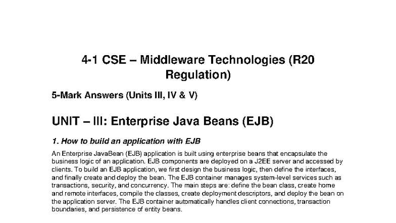 CSE Middleware Technologies (R20) Unit IV & V Answers Summary - Studocu