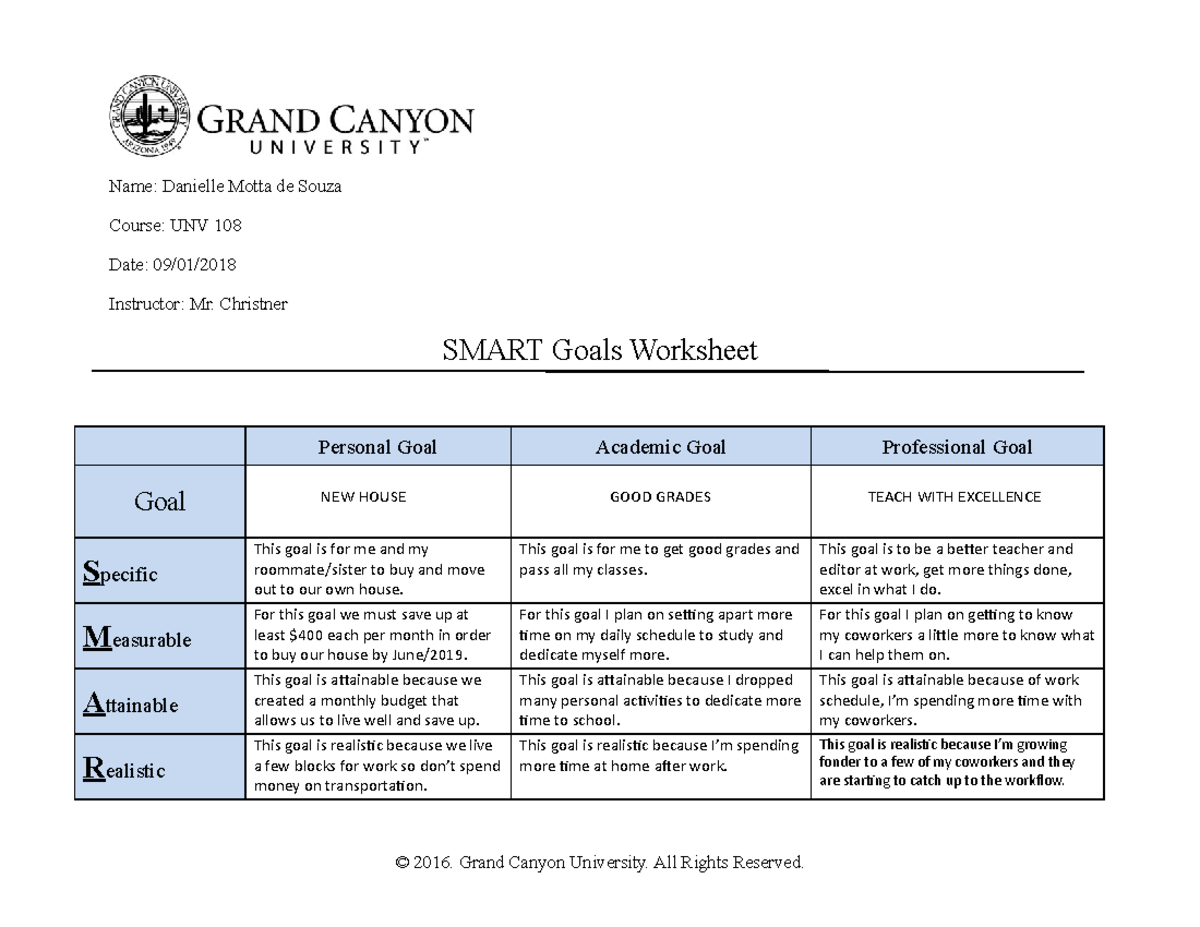 UNV 108 SMART Goals Worksheet for Personal, Academic & Professional ...