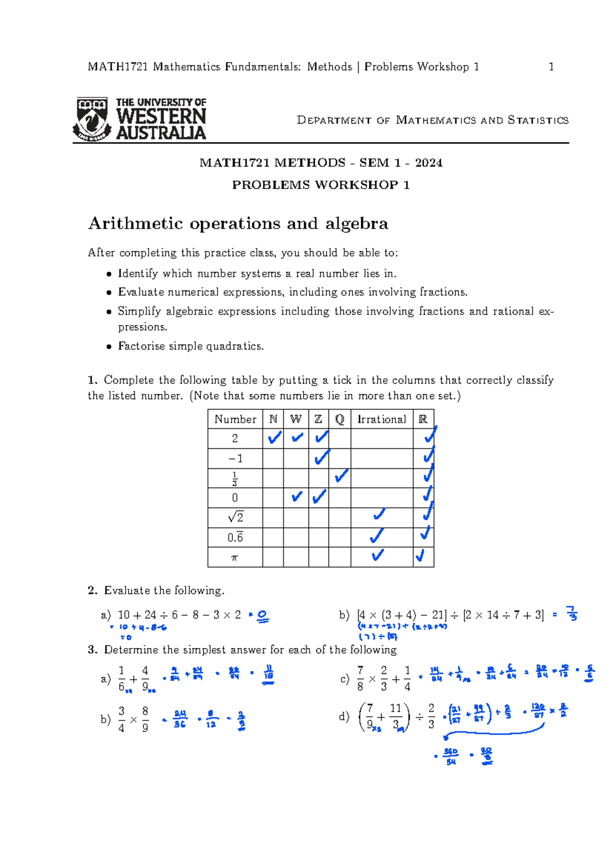 MATH1721 Methods Workshop 1: Arithmetic & Algebra Problems - Studocu